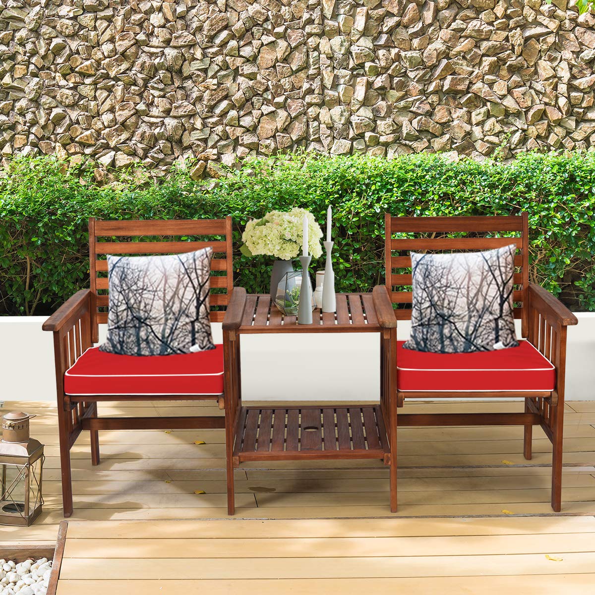 GOPLUS Gartenbank mit Tisch, 2 Sitzer Holzbank mit Schirmloch & Sitzkissen, Sitzbank Outdoor aus Akazienholz, Balkon Bank wetterfest für Garten Hof Terrasse (Braun+Rot)