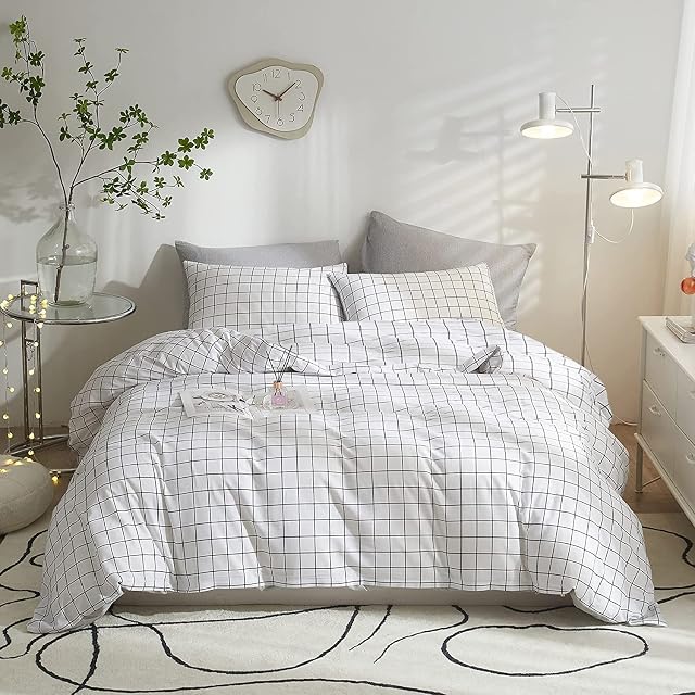 Lanqinglv Double Duvet Cover Set Black and White Checkered Grid Pattern Bedding Set 100% Hypoallergenic Microfiber Quilt Cover and 2 Pillowcases (4562,Double)