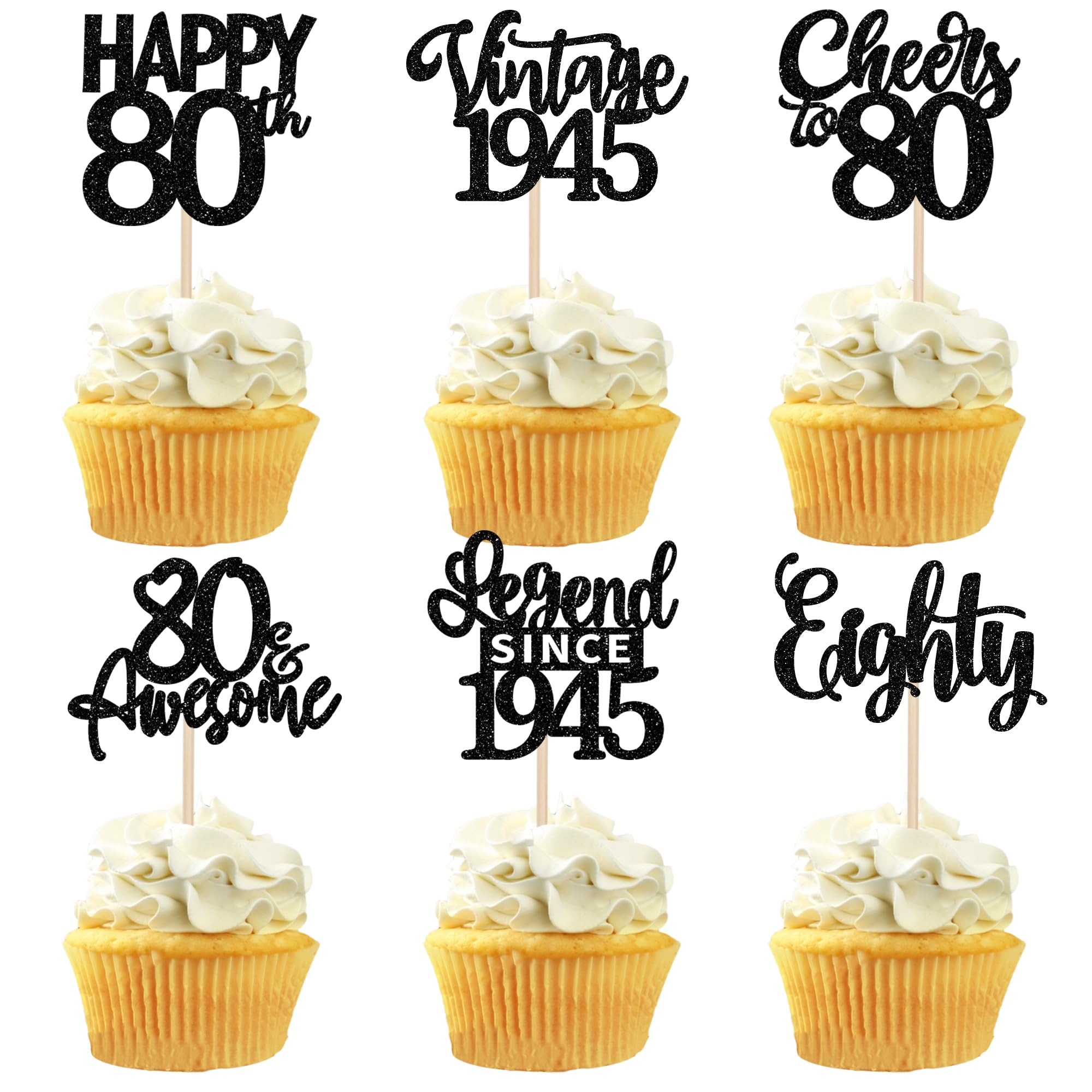 24PCS Happy 80th Birthday Cupcake Toppers Eighty Vintage 1945 Cupcake Picks Cheers to 80 Lengend Since 1945 Cake Decorations for 80th Birthday Anniversary Party Decorations Supplies Black