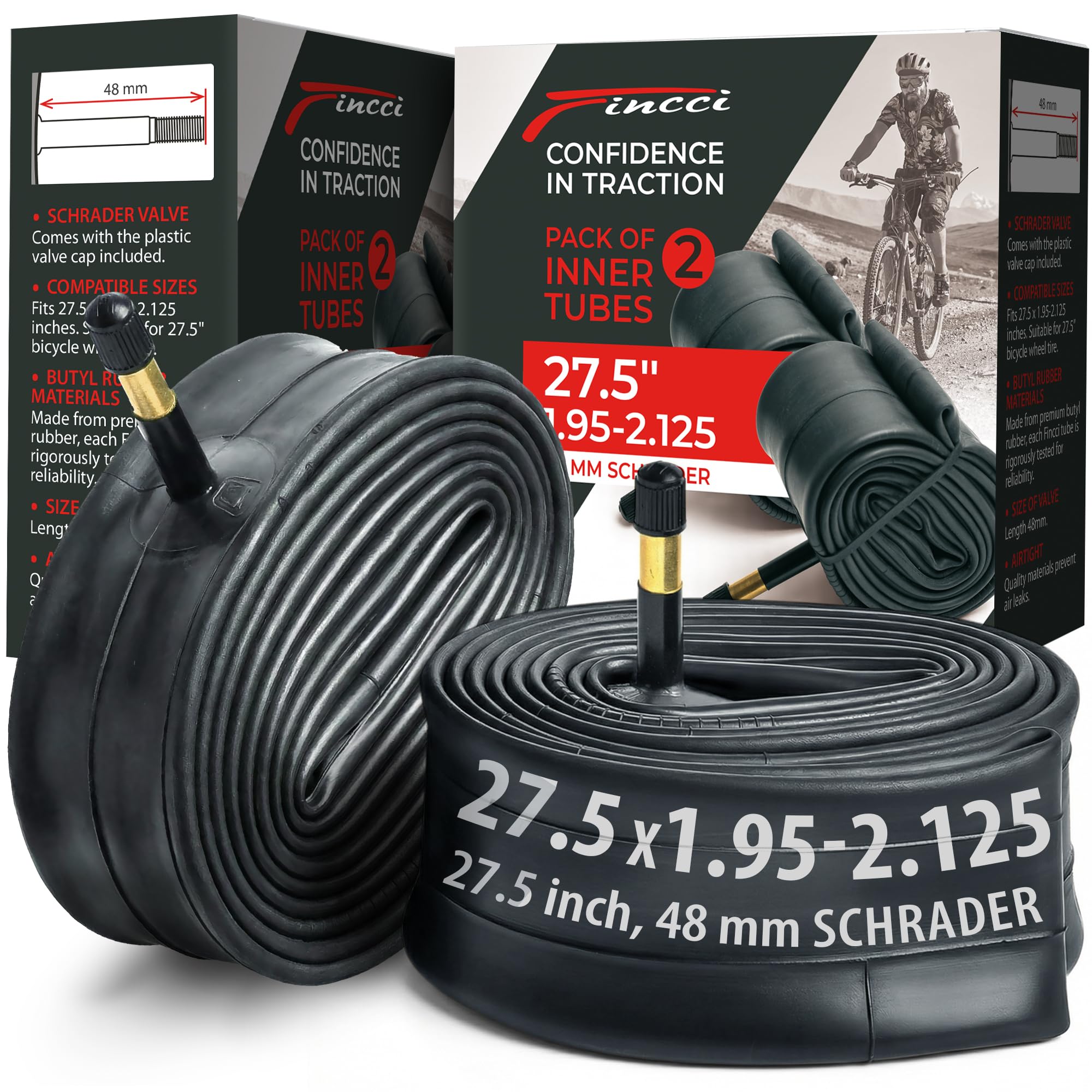 Fincci Camera d'Aria 27.5 x 1,95-2,125 Pollici - Coppia Camera d Aria MTB 27.5 Schrader Valvola Interna 48mm - Camere d'Aria per Strada, MTB Montagna Ibrida Bici Bicicletta - Confezione da 2