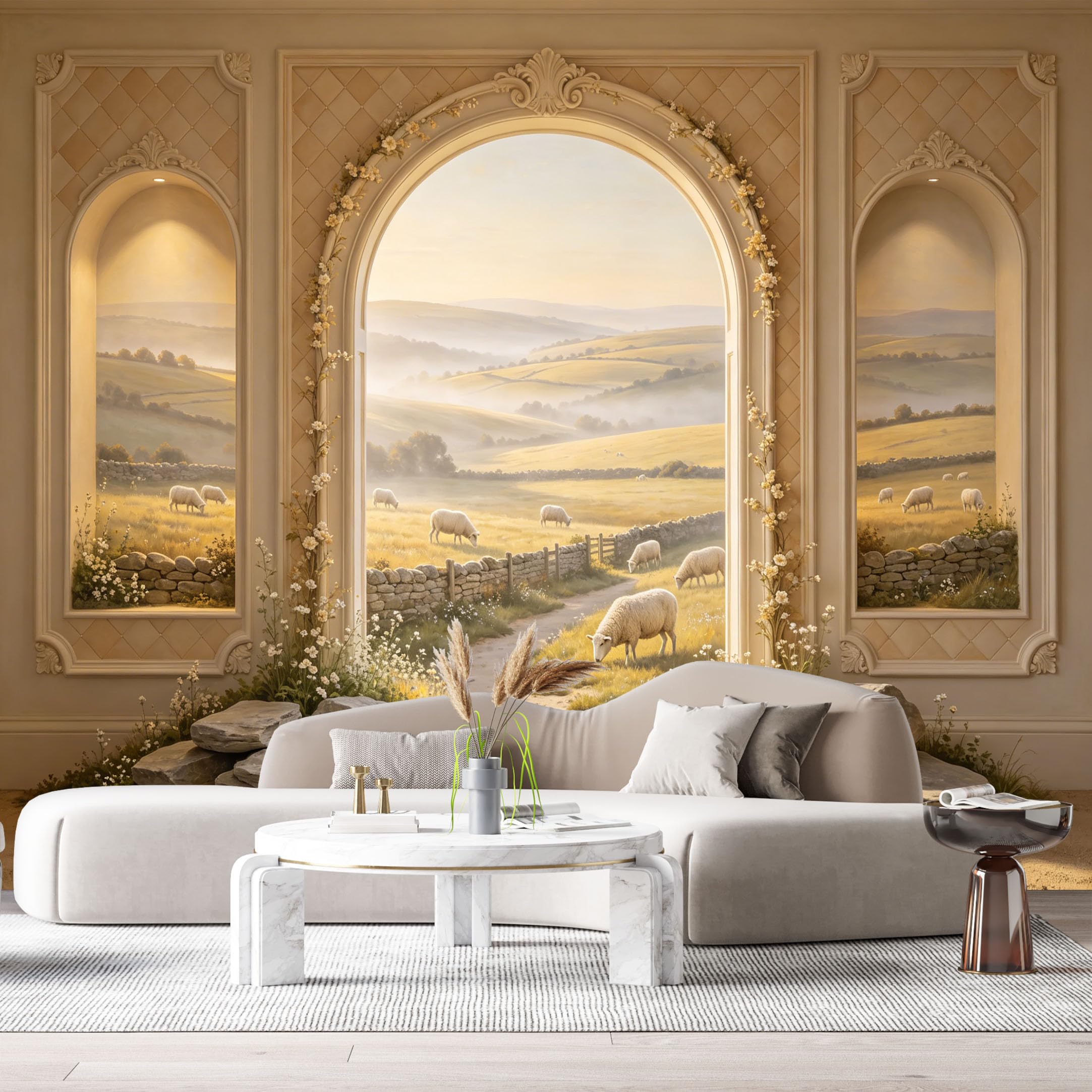 Custom Size Wall Murals Farmhouse American Country Pastoral Sheep Meadow 3D Trompe L'Oeil SelfAdhesiveWall Fabric Removable Wallpaper Wall Decor for Living Room Bedroom Bathroom