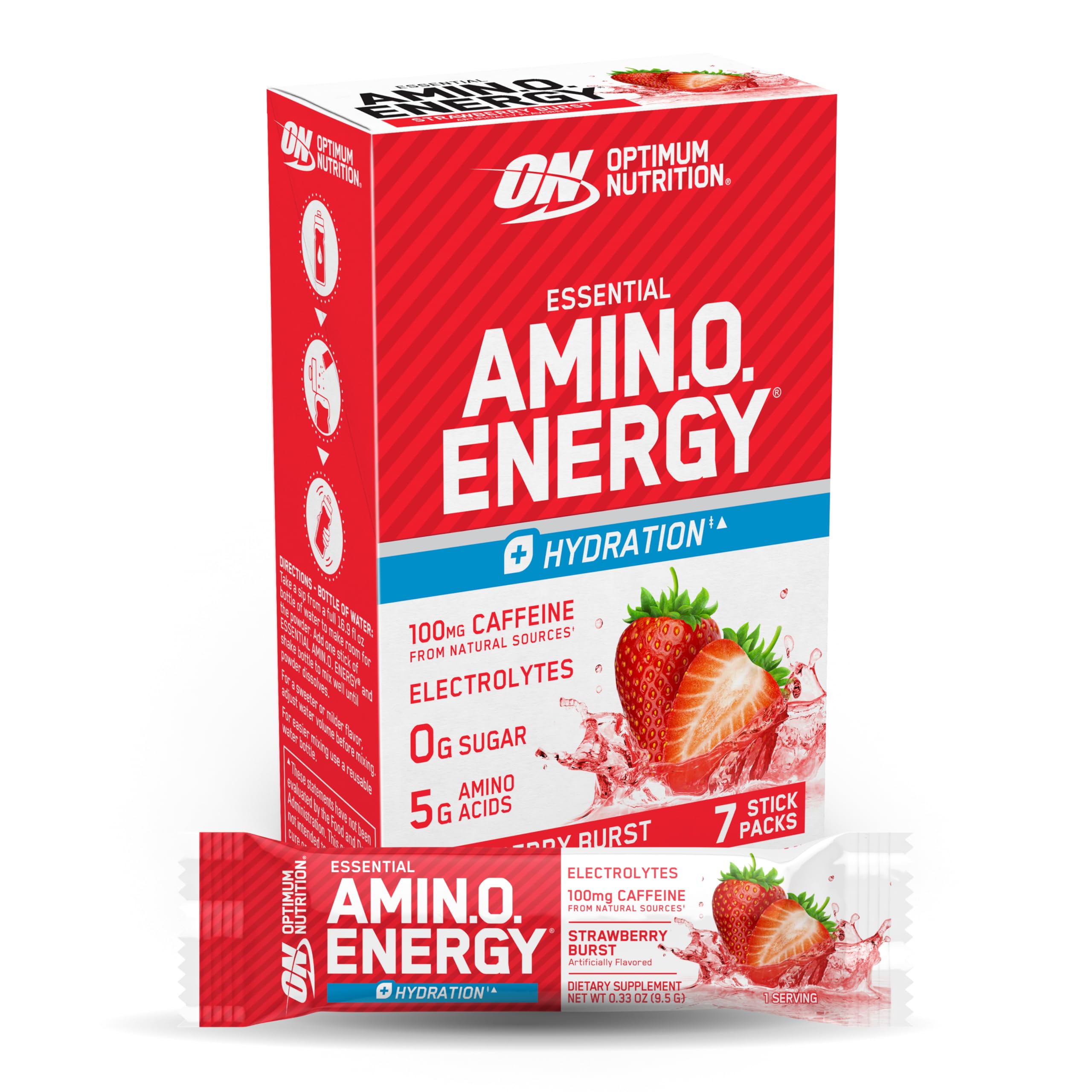 Optimum Nutrition Essential Amino Energy Plus Electrolytes Stick Packs, Energy Powder, Strawberry Burst, 7 Count
