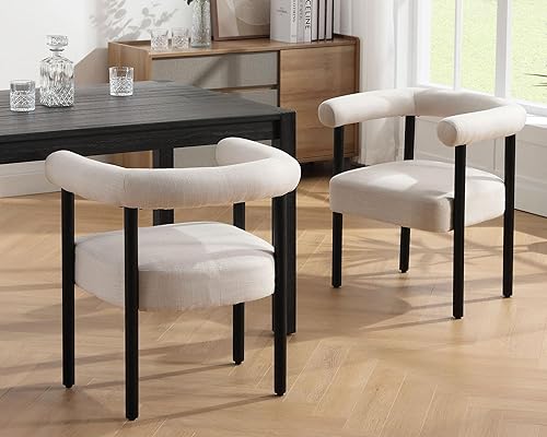 VESCASA Sillas de comedor tapizadas con patas de madera negra, sillas de comedor modernas de lino de mediados de siglo con respaldo abierto