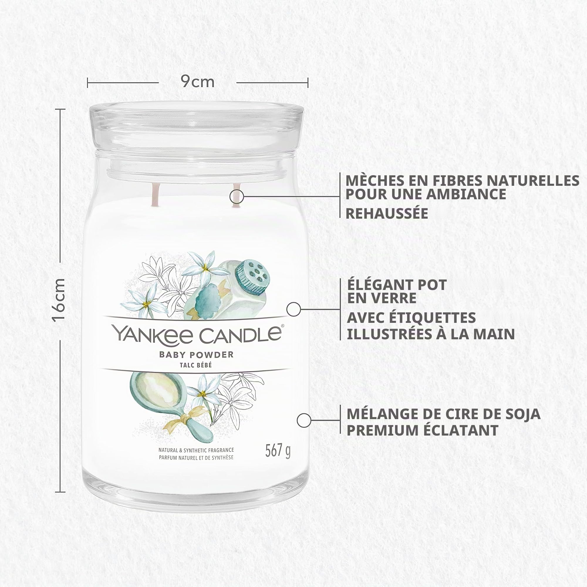 Yankee Candle Signature Bougie parfumée | Grande bougie en pot en poudre de bébé avec double mèche | Mélange de cire de soja à combustion longue | Cadeau parfait pour femme