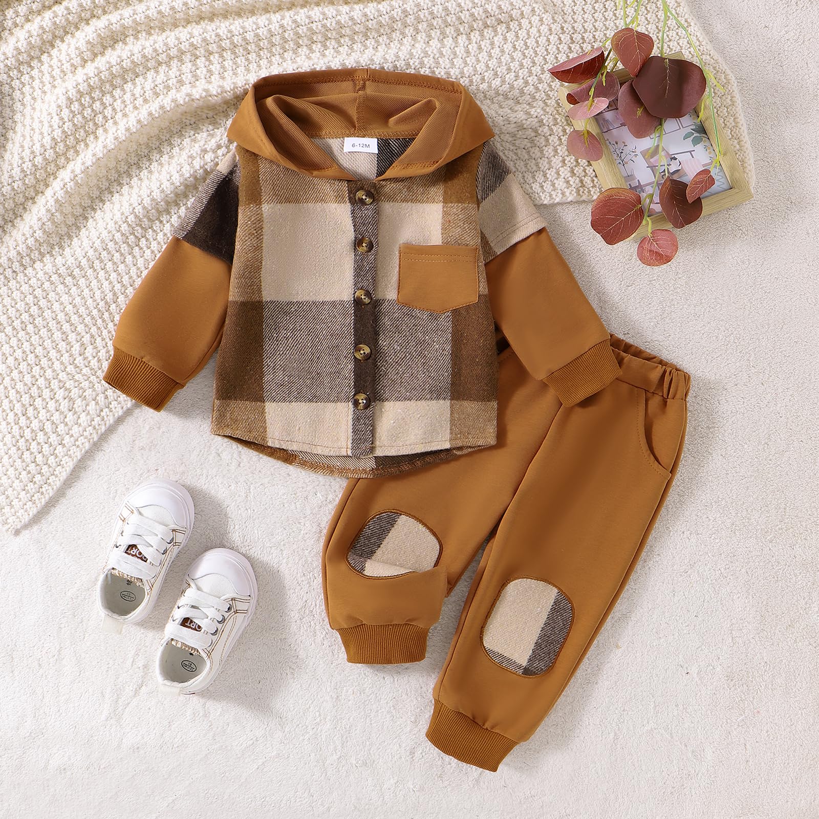Douhoow Toddler Boy Outfits Baby Flannel Hoodie Plaid Sweatshirt Sweatpants Baby Boy Fall Winter Festival Clothes (Brown, 18-24 Months)