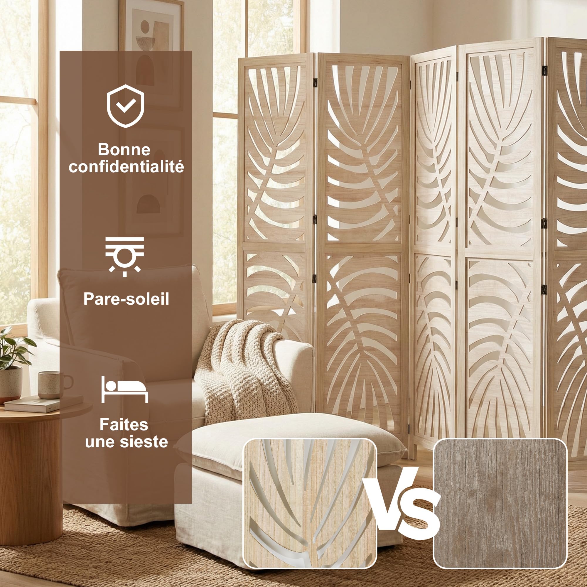 HOMCOM Separador 6 Paneles Plegable Desmontable Acabado Madera Natural | Pantallas de privacidad, tabique autoportante, diseño de hoja de palma, para oficina en casa, dormitorio