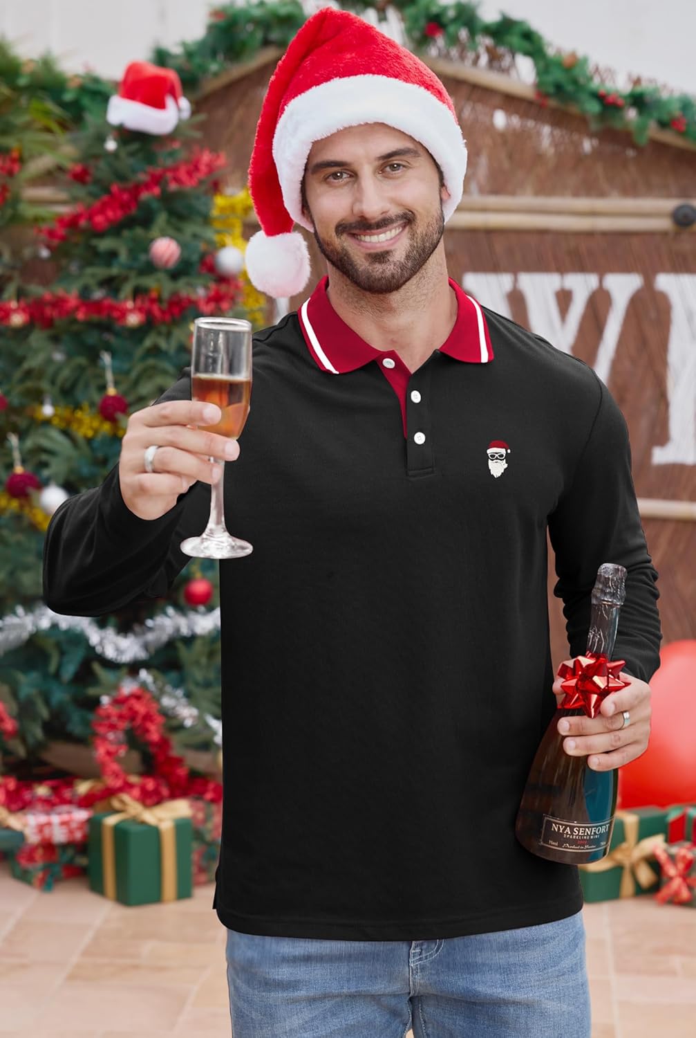 Arvilhill Men's Christmas Polo Shirt Embroidered Pique Long Sleeve Business Casual Wear (M-XXL) - Image 4