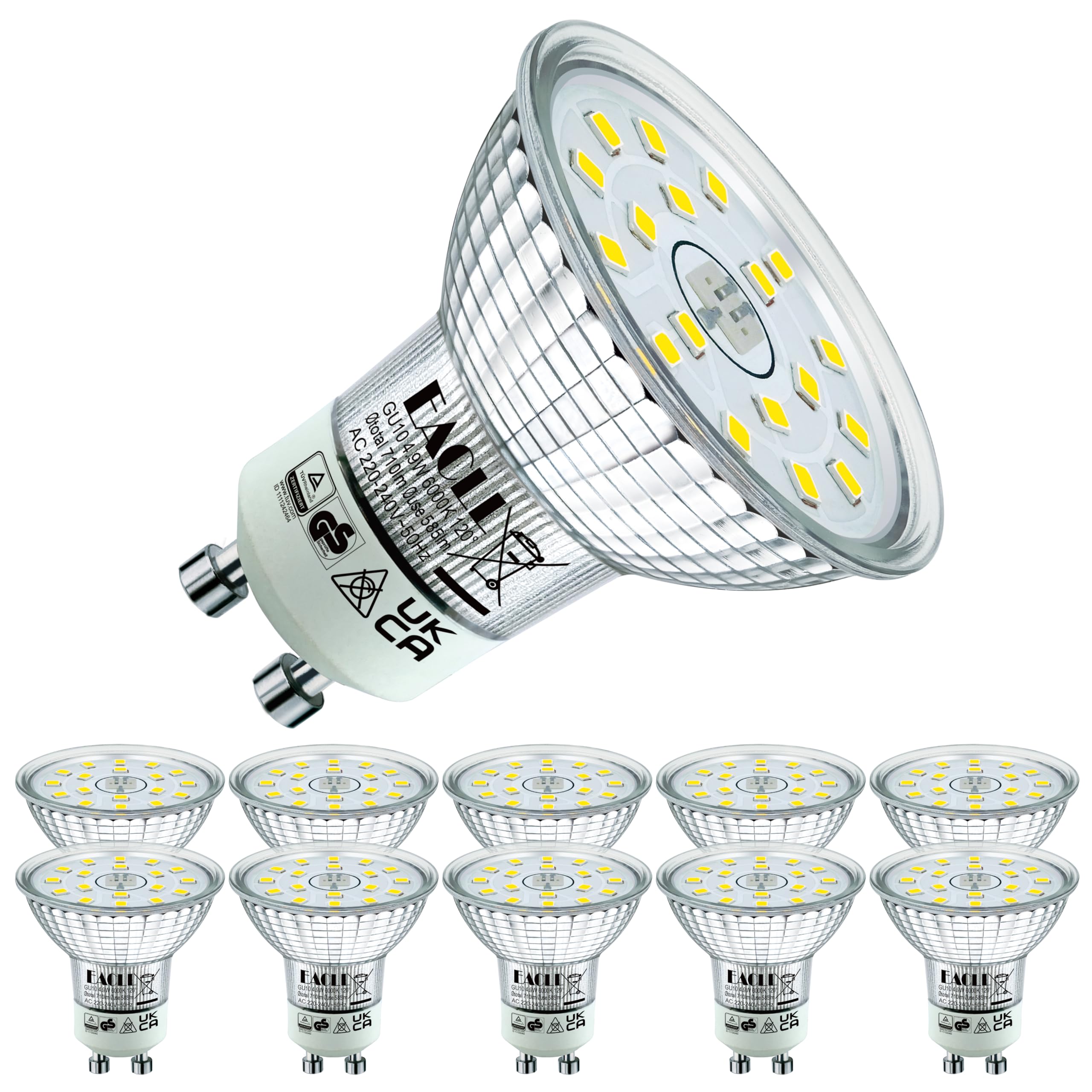 EACLL GU10 LED 6000K Cool White 4.9W Replaces 75W Halogen Bulbs, Pack of 10. 585 Lumens, 230V AC 230V Flicker-Free, 120° Beam Angle, Non-Dimmable Reflector Lamps