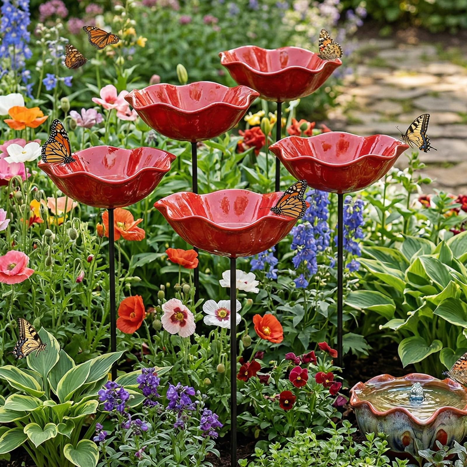 4PCS Metal Flower Garden Stakes Bird Bath, Handmade Bee Watering Station, Metal Bee Water Feeder with Flower Design, Colorful Butterfly Bee Bath Bowl for Outdoor Lawn Yard Decor