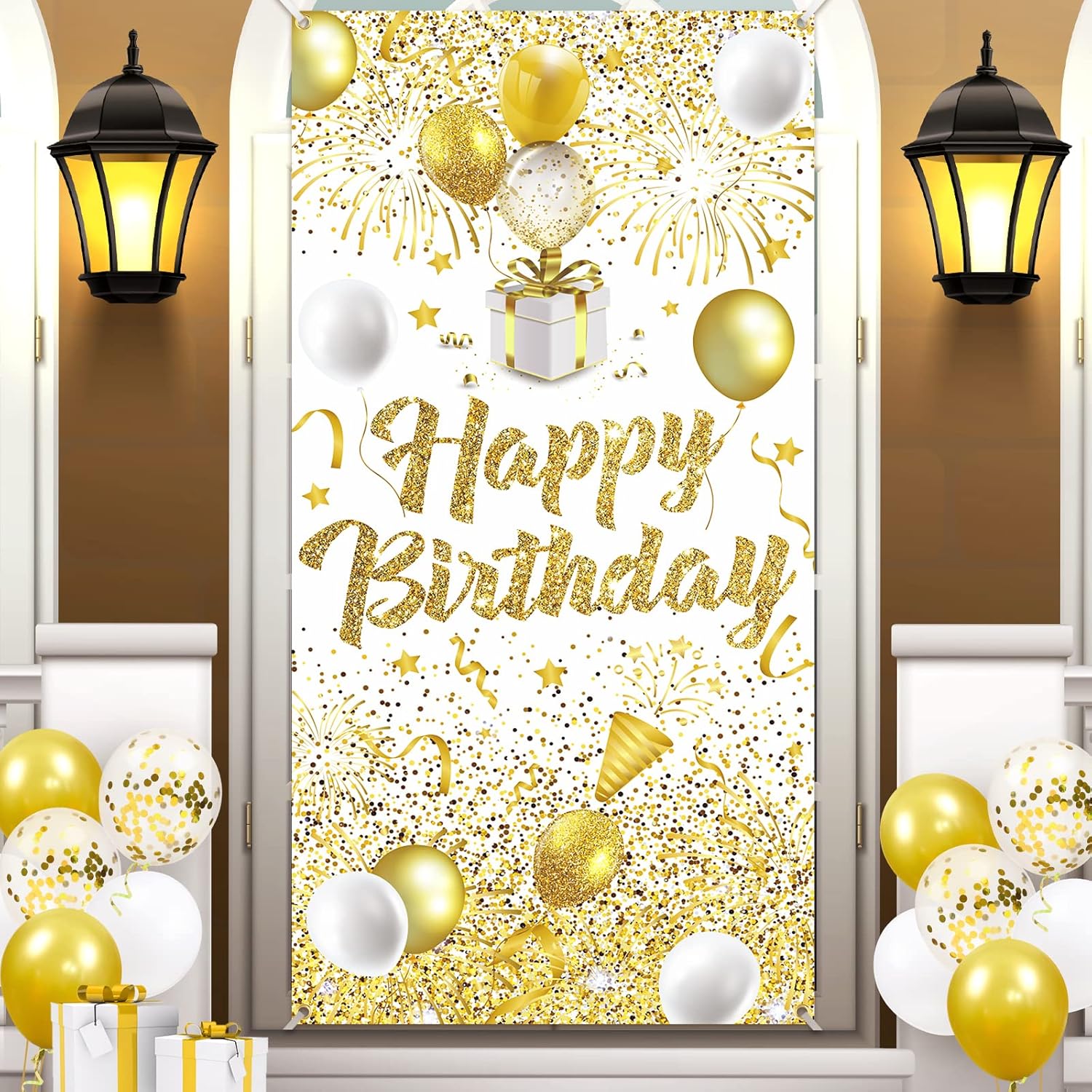 Large Gold White Birthday Door Cover Banner - Happy Birthday Photography Background Party Decoration for Women, Men, Girls