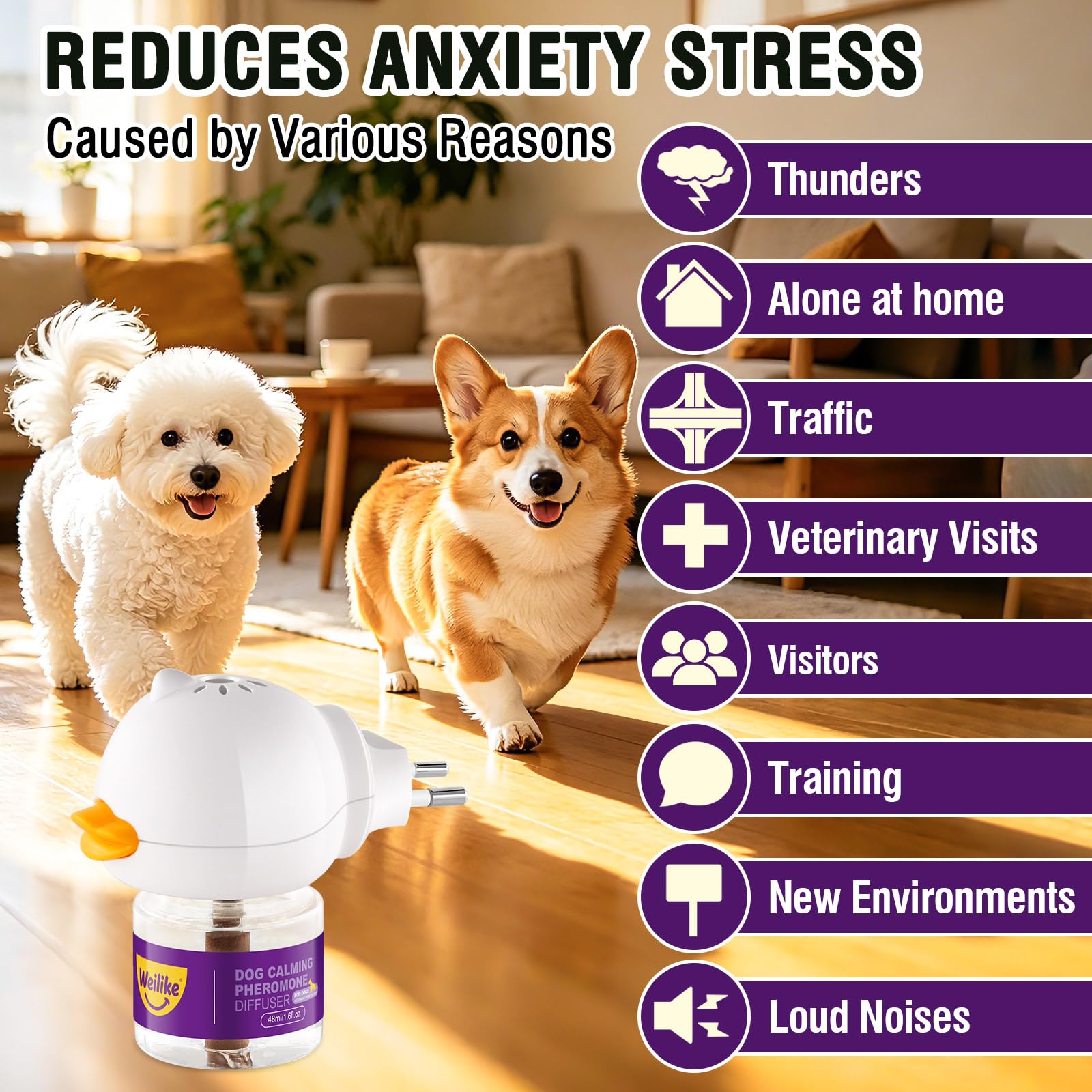 Difusor de Feromonas Relajantes para Perros,Alivio Natural de la Ansiedad,Reduce el Estrés y Favorece la Relajación,Fórmula Segura y Eficaz,3 Recambios (3 Ricariche+1 Diffusore)