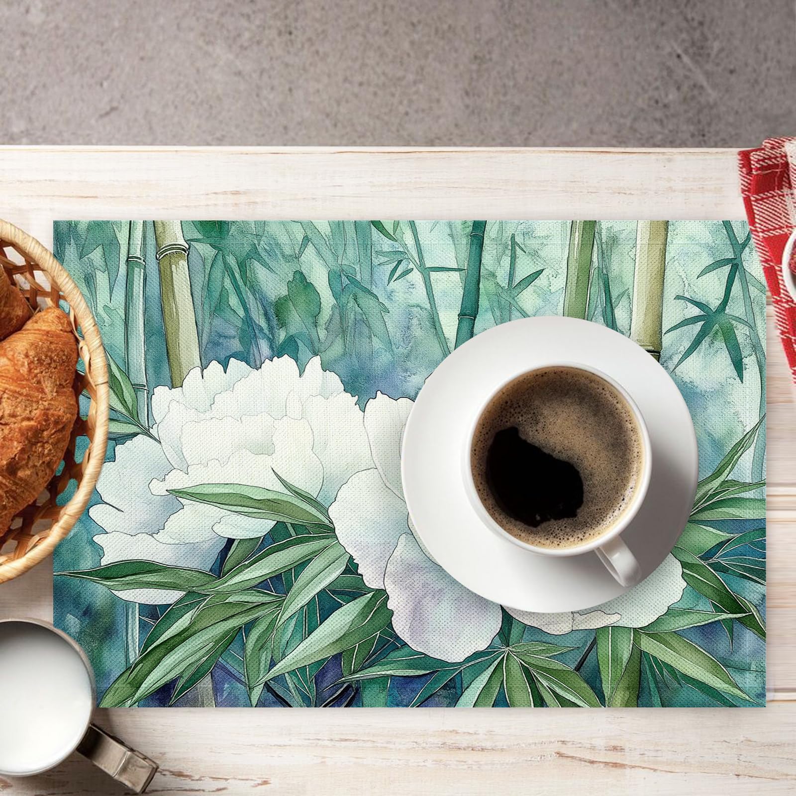Set di 8 Tovagliette Americane Lavabili Cotone Lino Acquerello - Tovaglietta Americana Resistenti al Calore Durevole Peonia bianca - per Colazione Pranzo 30×45 cm