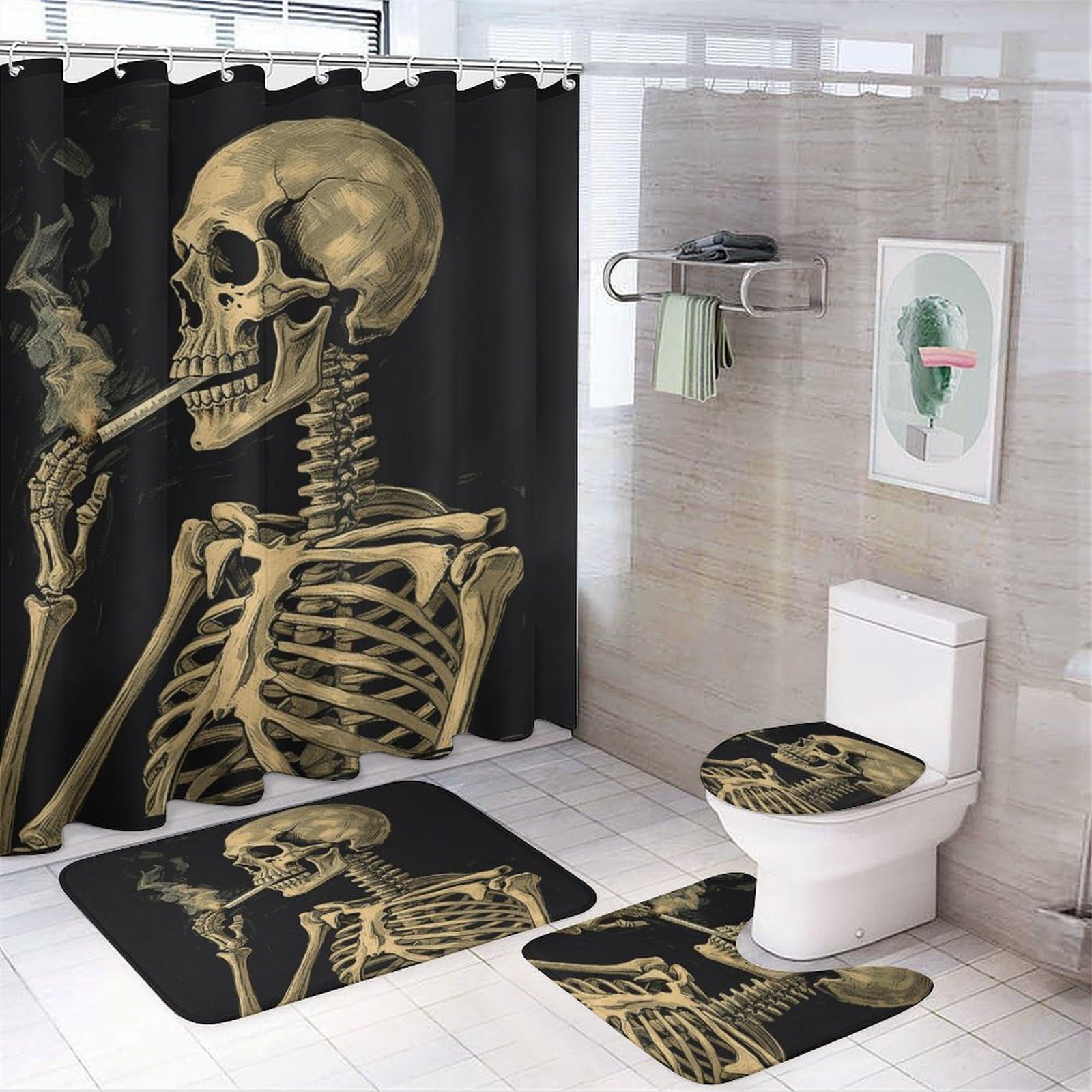Btcowzrv Style A Skeleton With Burning Cigarette 4Pcs Shower Curtain Set With Non-Slip Bath Mat, U Shaped Mat, Toilet Lid Cover, Waterproof Shower Curtain (12 Hooks Included) For Bathroom
