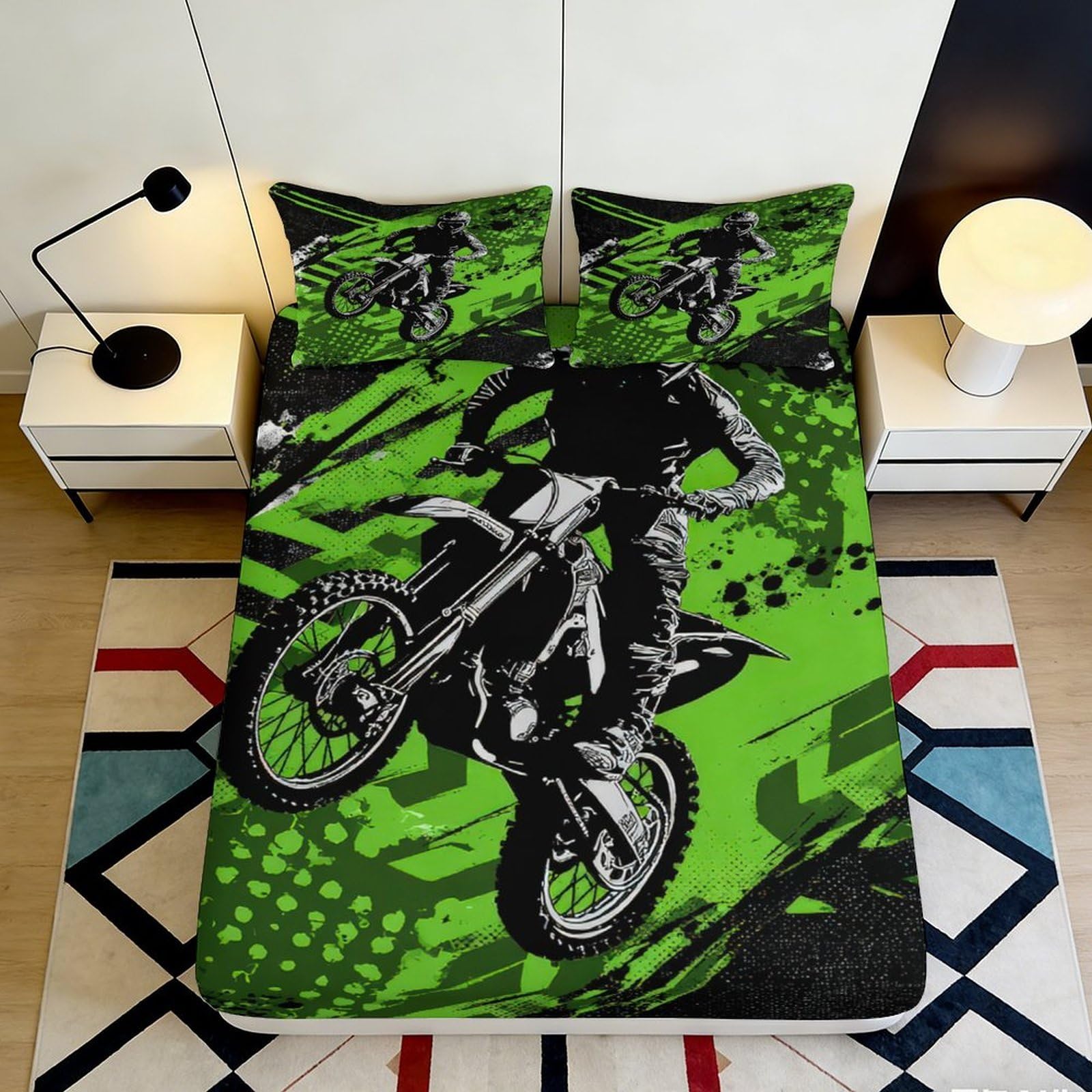3D Printed Motocross Green Fitted Sheet Microfiber Soft Breathable Dirt Bike Bed Cover for Bedroom Guest Room Decor 90x200x25cm