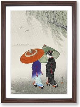 Two Women in The Rain by Ohara Koson Framed Wall Art Print A2 Walnut