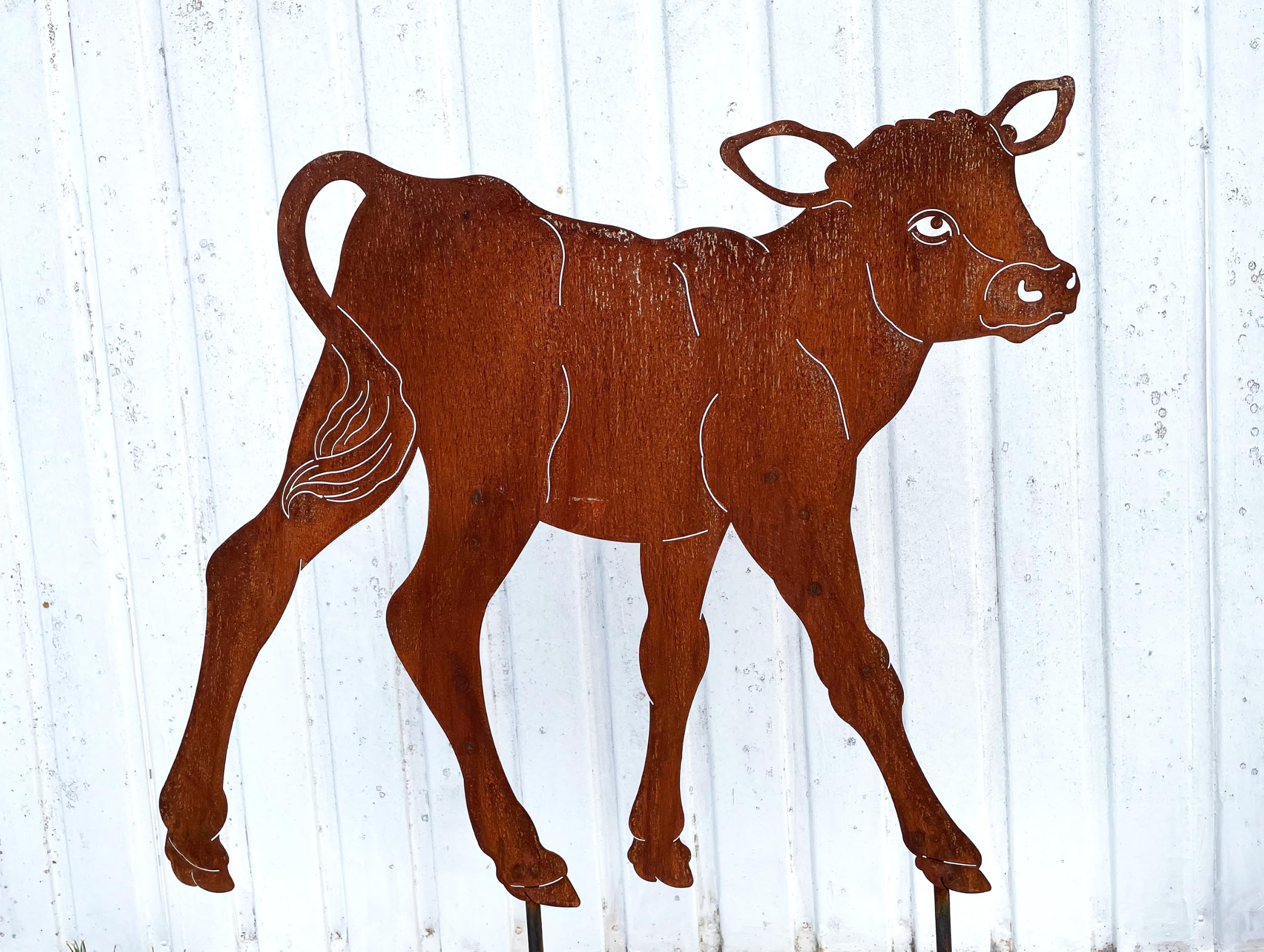STEINFIGURENWELT GIEBEN Kuh Kalb 52x56cm Gartenstecker Edelrost Gartendeko Wetterfest Rost Metall Rostfigur Bauernhof Tier
