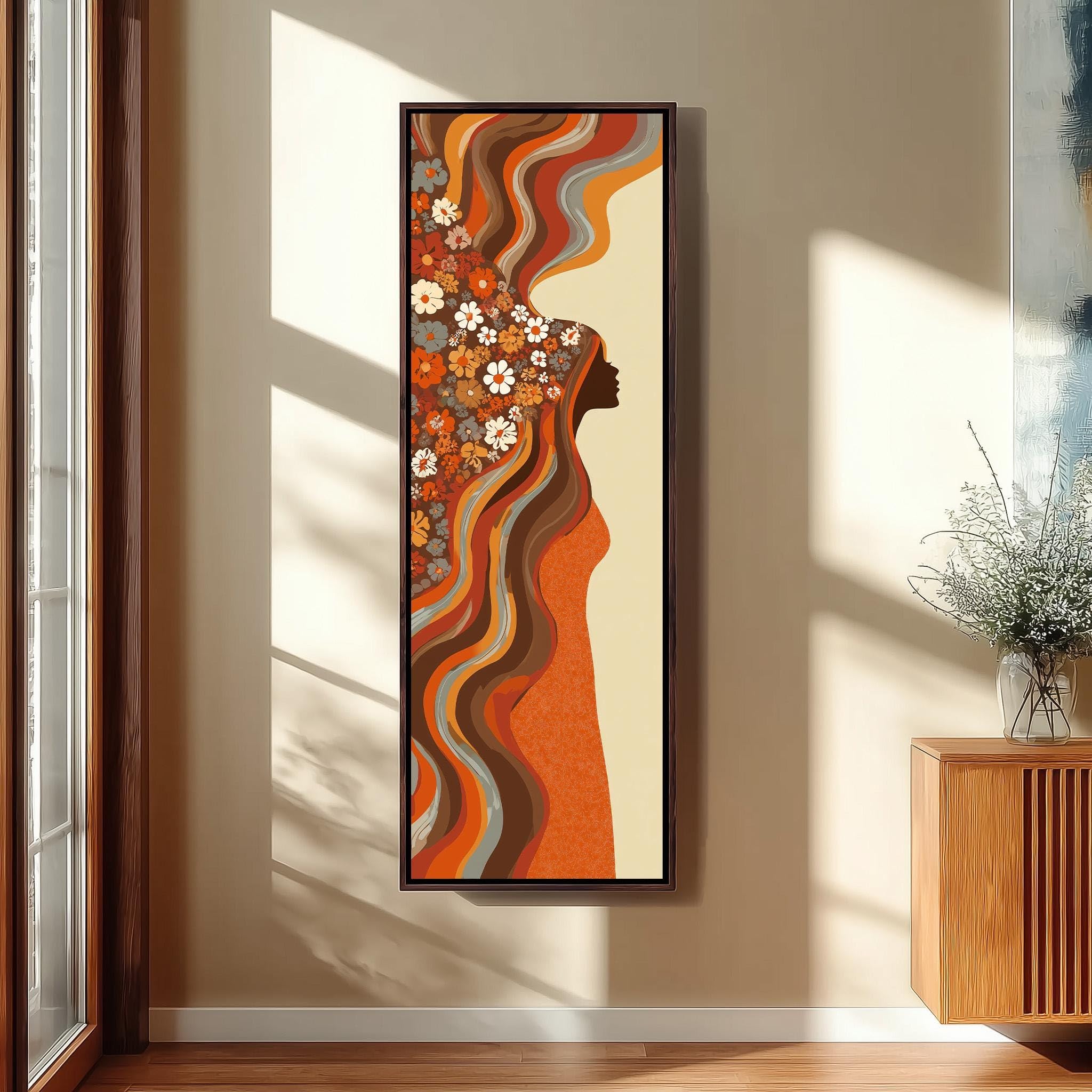 Xbtykpb Frameless Long Vertical 70S Retro Art, Tall Narrow Canvas, Skinny Woman Print, Vintage Style Wall Decor, Orange Abstract Posters(40X120cm/Frameless)