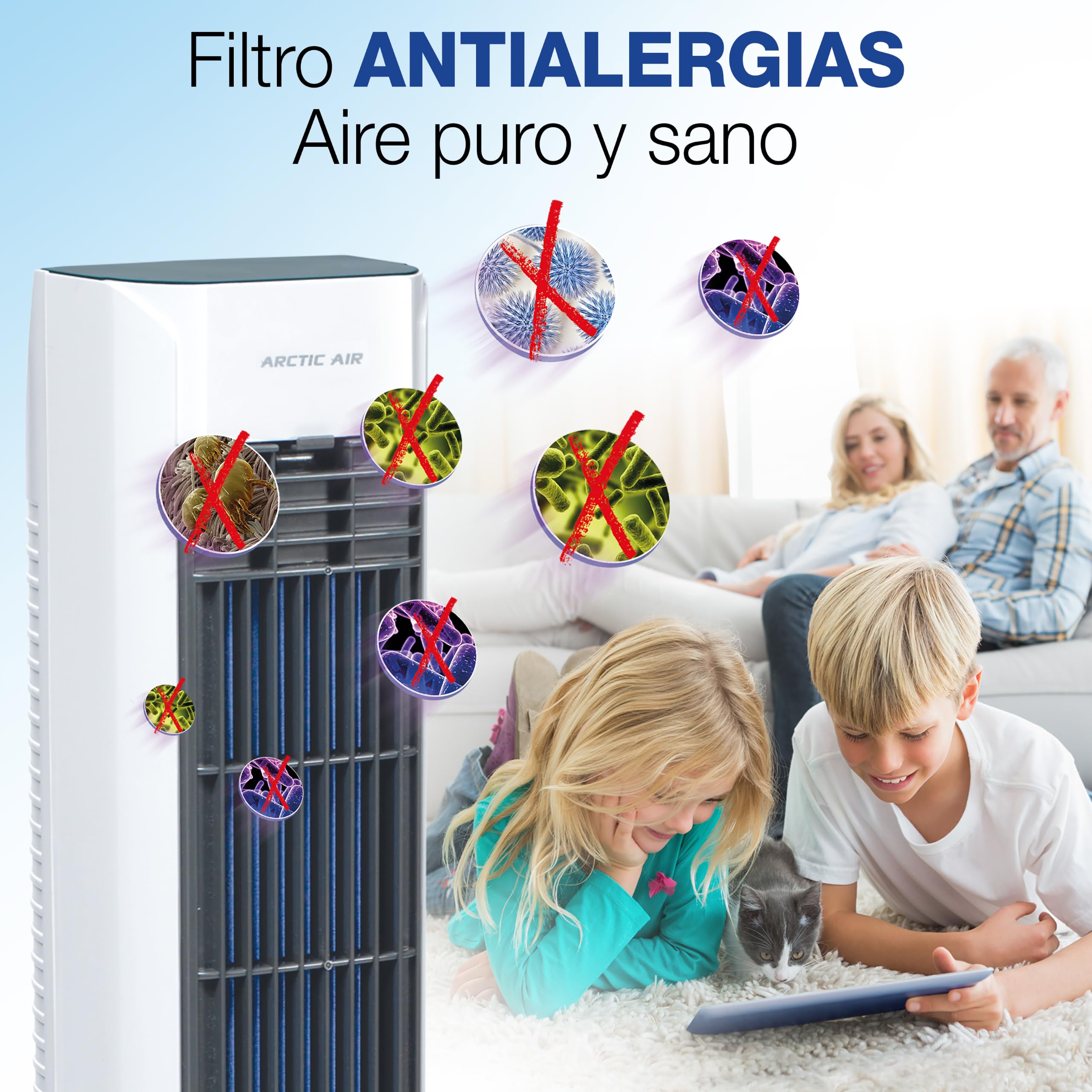 Enfriador Evaporativo de Torre 4 en 1 – Enfriador, Ventilador sin Aspas, Humidificador y Aromatizador, Bajo Consumo 55W, 66dB. Versátil, compacto y portátil. Sin Instalación.