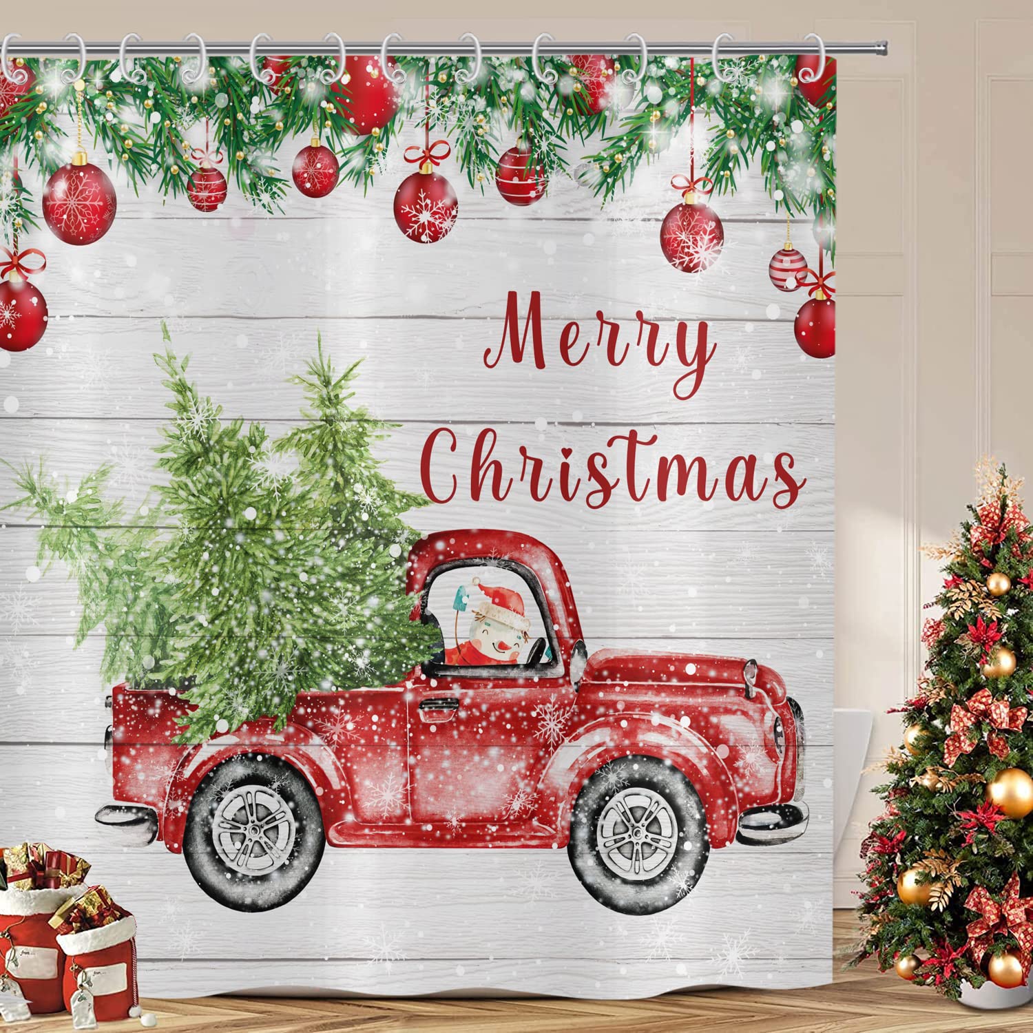 Christmas Shower Curtain, ASDCXZ Snowman Christmas Tree Truck Waterproof Shower Curtains for Bathroom, Red Winter Home Decor Fabric Polyester Bathroom Curtains With 12 White Hooks, 120x180cm/47x71Inch โ image 1