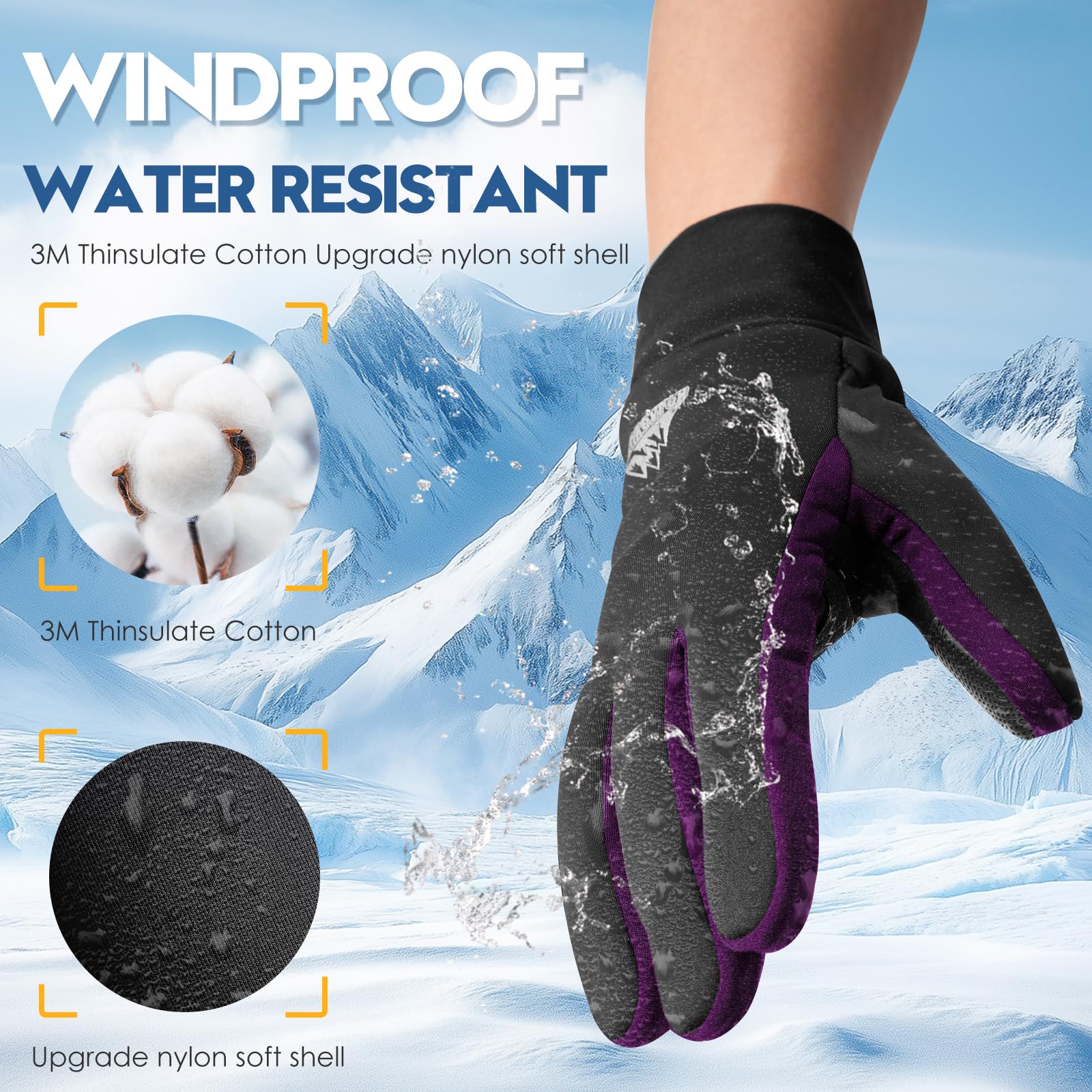 Bruvoalon Gants d'hiver pour homme et femme, isolation thermique 3M, tissu lycra, coupe-vent, écran tactile, antidérapant, temps froid