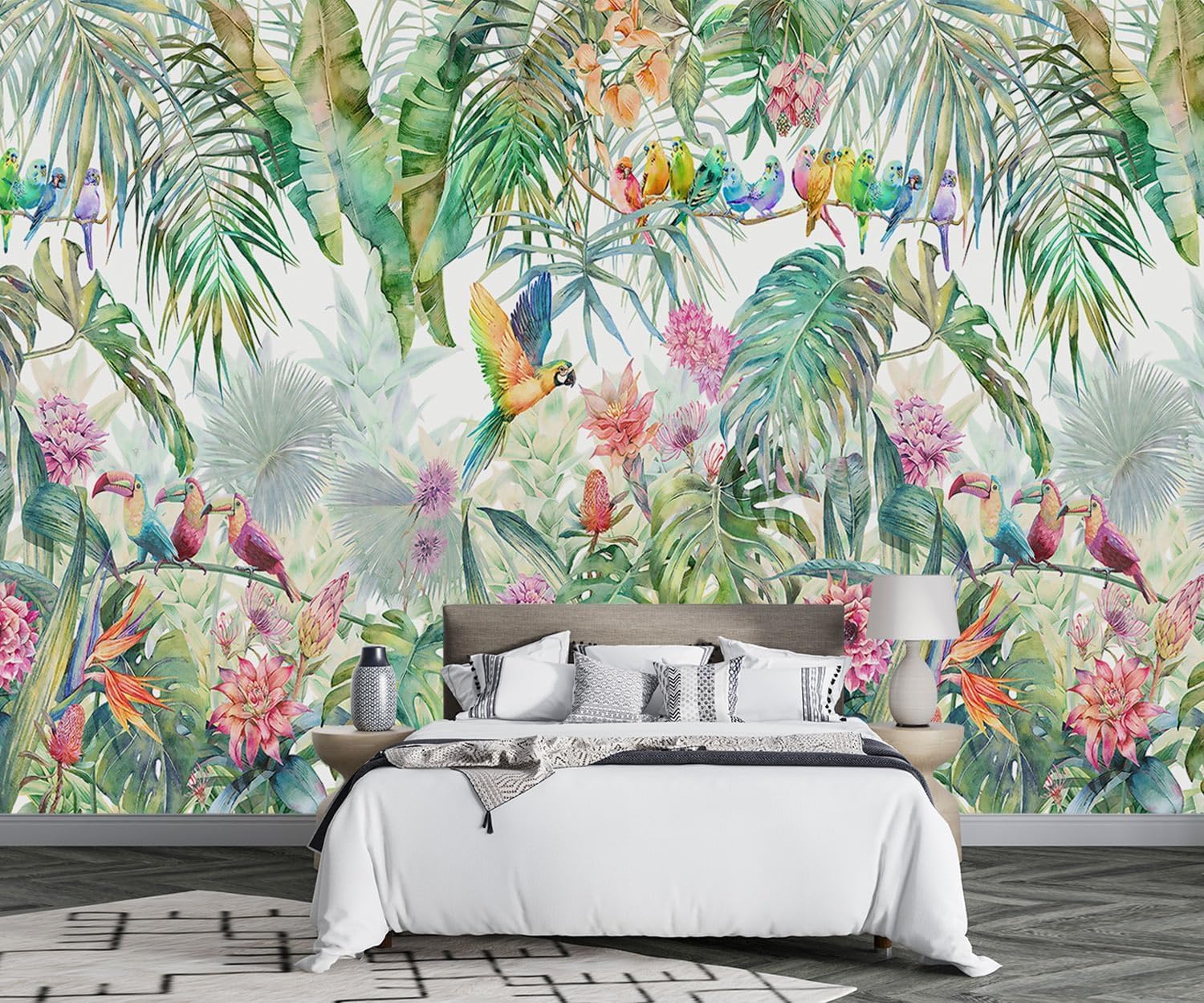 Papier peint plantes tropicales pour agrandir le salon avec l'effet 3D