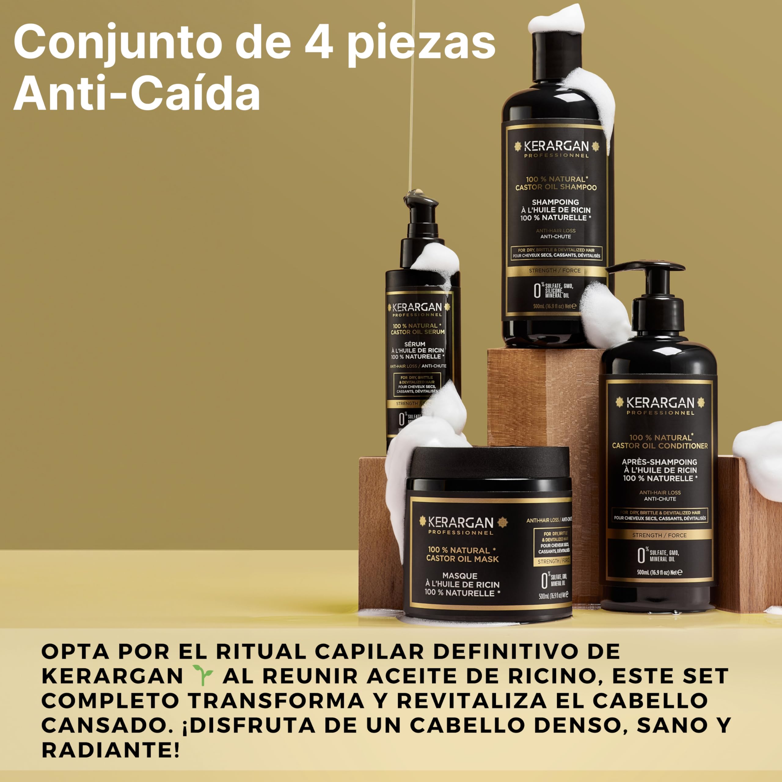 Kerargan - Shampoing, Après-Shampoing, Masque et Sérum à l’huile de Ricin, d’argan et camomille, Stimule la pousse de vos cheveux et réduit leurs chutes - Sans sulfate, paraben et silicone - 2x500 ml | Champú, acondicionador, mascarilla y sérum, rutina pa