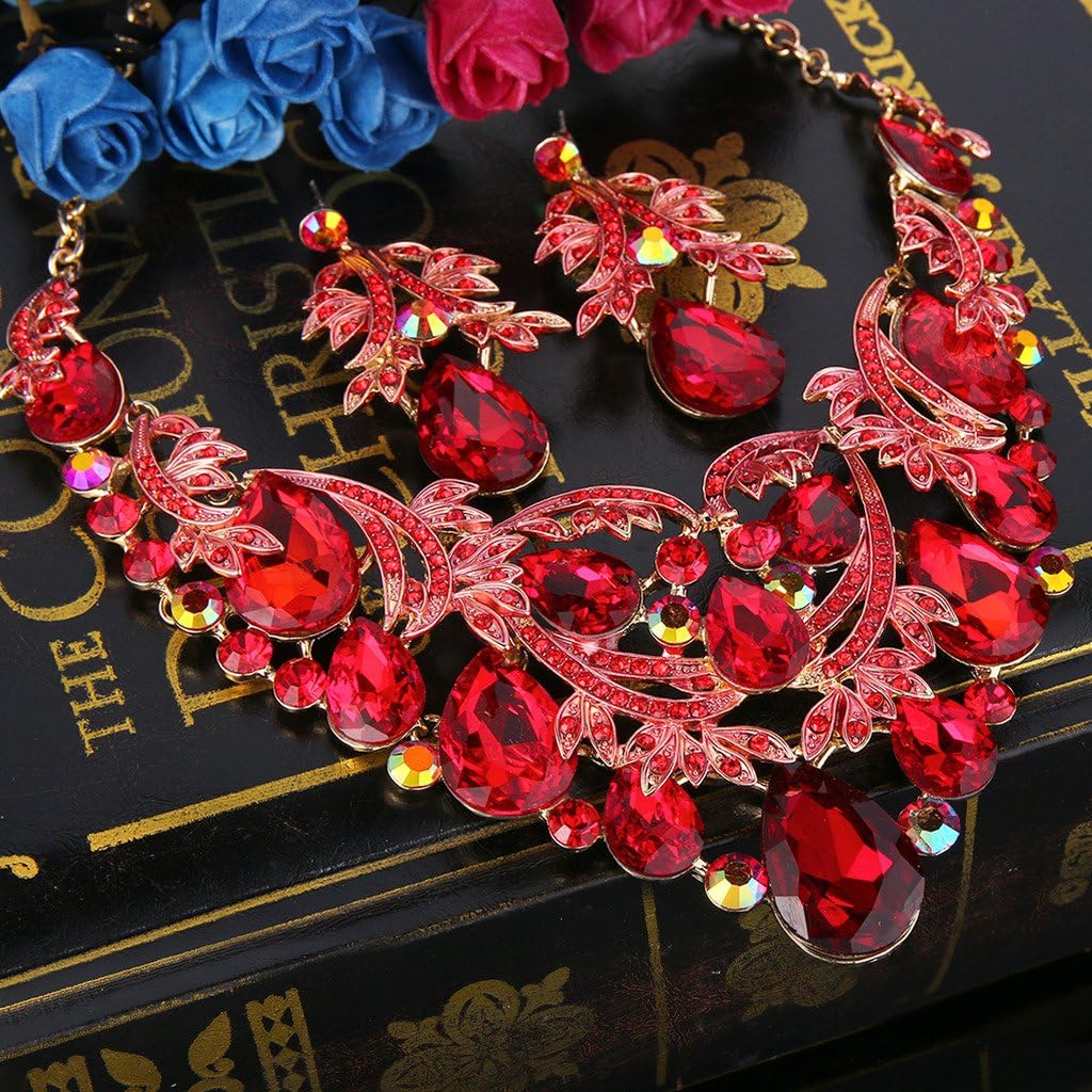 BriLove Women's Bohemian Boho Crystal Teardrop Filigree Leaf Hollow Statement Necklace Dangle Earrings Set - Image 3