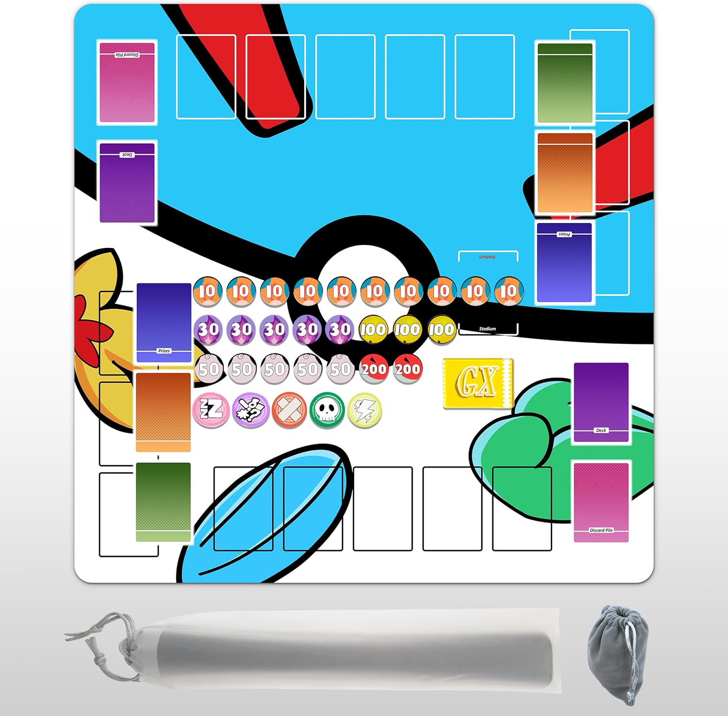 Playmat for Trading Card Game – 2-Player Trainer Mat with 37 Damage Counters and Professional Storage Bag