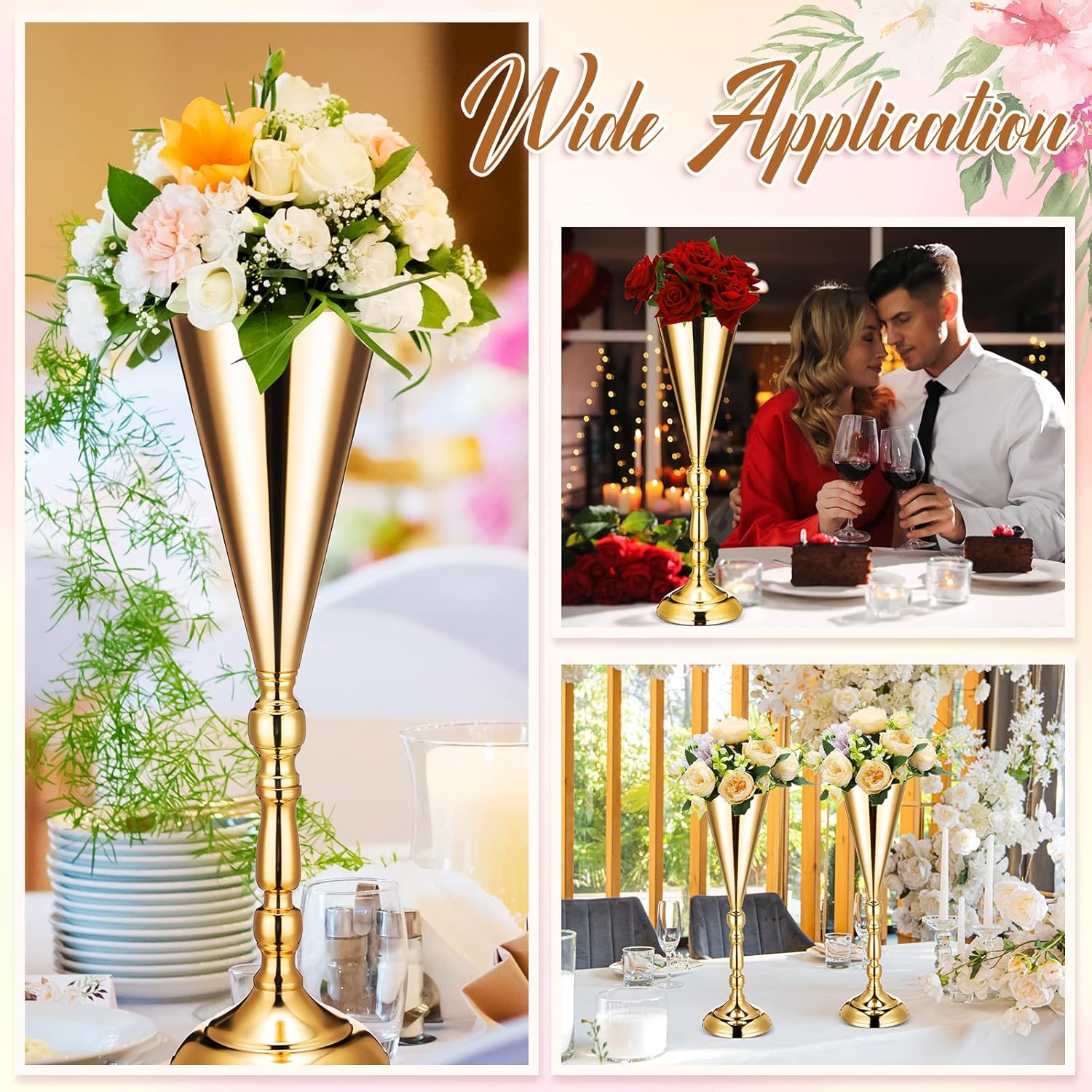 Unittype 20 Pcs 16.5 Inches Tall Gold Vase Centerpiece Wedding Metal Flower Arrangement Stand Trumpet Vase Tabletop Stand Decorative Centerpiece Table Decoration for Anniversary Ceremony Party Decor