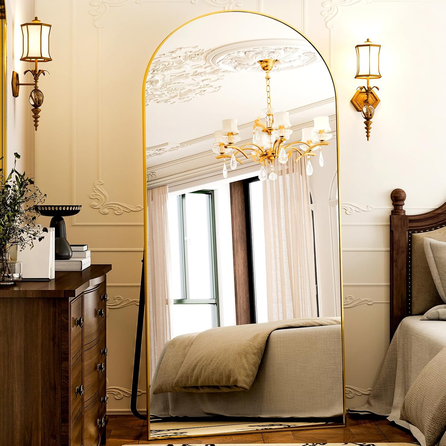 GLSLAND-38x77 inch Arched Full Length Mirror - Floor Mirrors Aluminum Alloy Frame Full Body Dressing Mirror for Bedroom Living Room,Gold