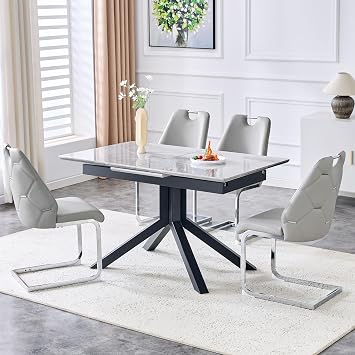 Extendable Dining Table for 4-6, 51.5"-67" Modern Expandable Rectangle Dinner Kitchen Table, Modern Marble Dining Tables for Kitchen, Comedor Gray, Only Table