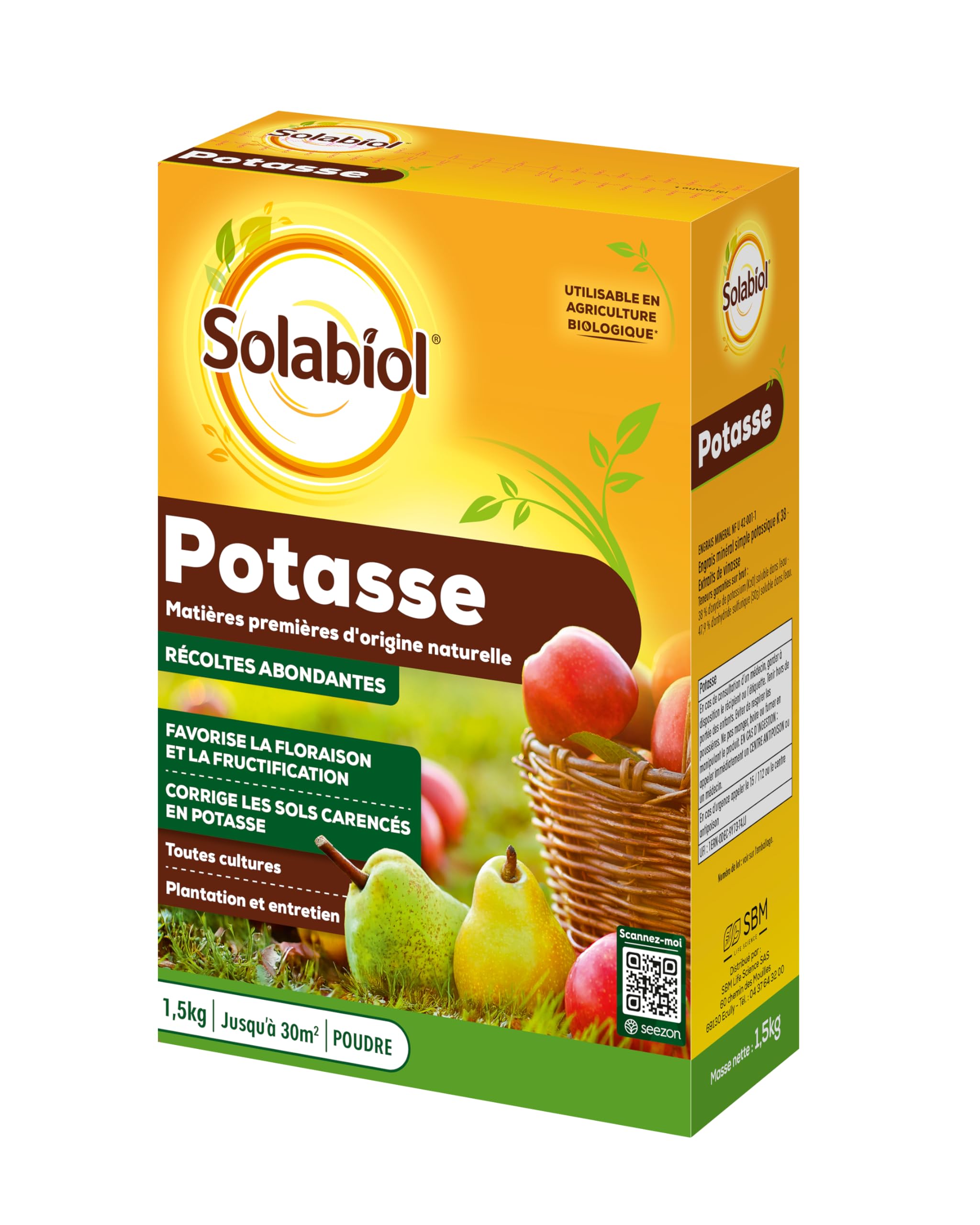 Solabiol Engrais Potasse - 1,5Kg - Jusqu'à 30m² - Améliore La Fructification - Facile A Épandre - pour Toutes Les Cultures - Utilisable en Agriculture Biologique SOPAS15G10N