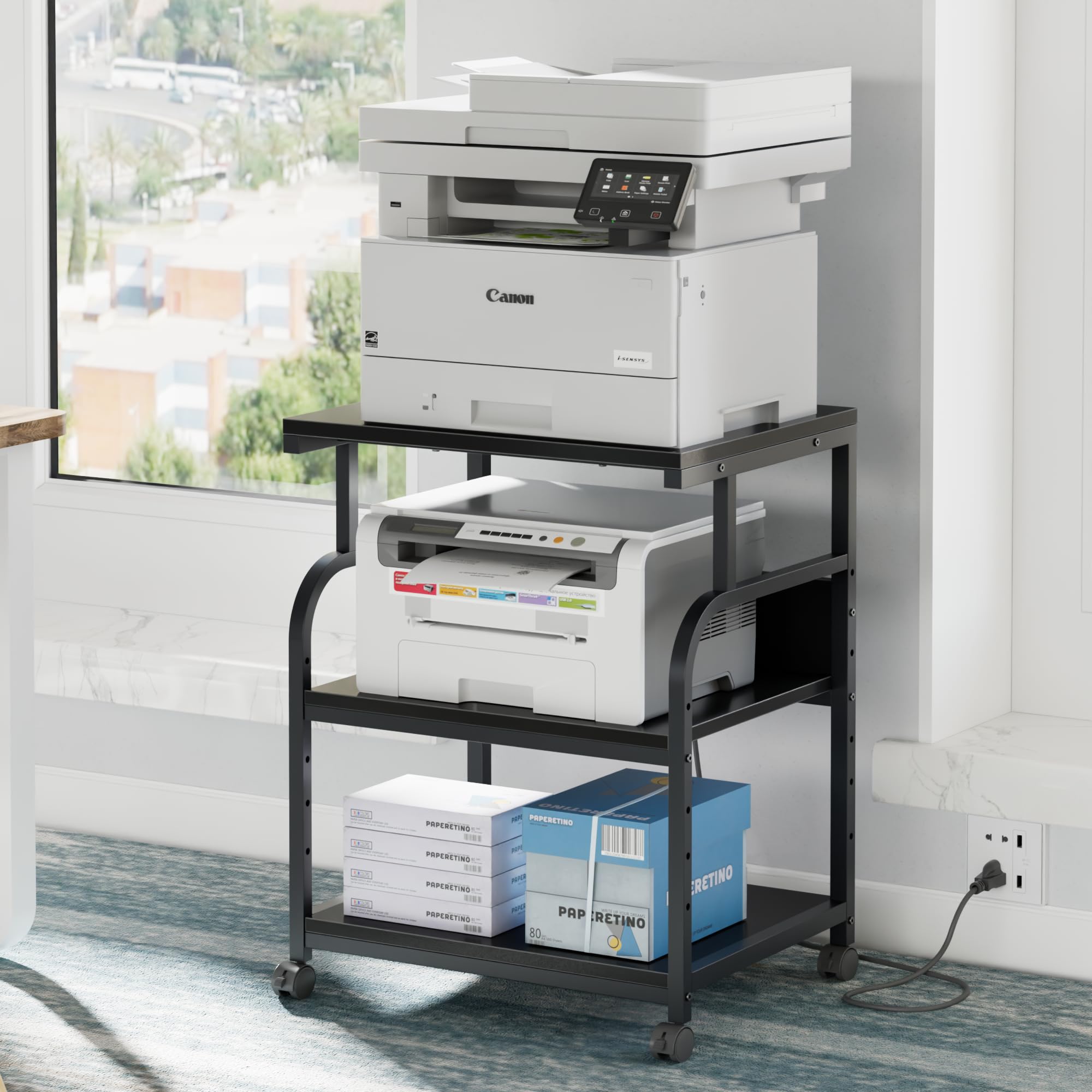 VECELO Large Printer Stand with Power Outlet, 3-Tier Rolling Cart with Adjustable Shelf & Lockable Wheels, Heavy Duty Utility Table for Home Office,