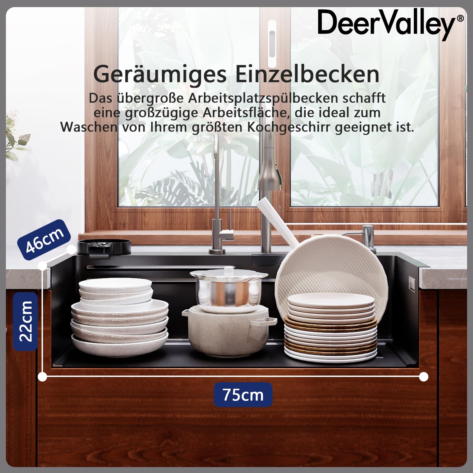 DeerValley Waschbecken Küche Schwarzgrau Edelstahl Küchenspüle mit Ausziehbarem Wasserhahn und Raindance Wasserfall-Spülbecken, Großes Spülbecken (74.9 cm L x 45.7 cm) mit Becherreinigungsfunktion