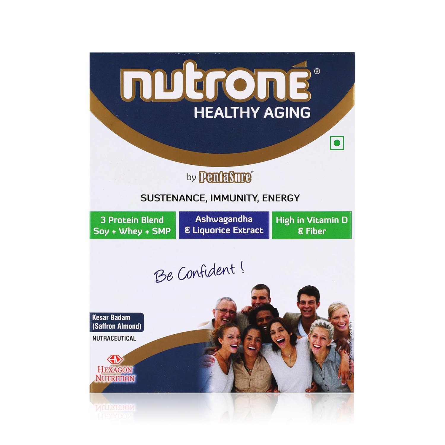 Nutrone Healthy Aging Kesar Badam (Saffron Almond) Flavour 3 Protein Blend (Soy+Whey+SMP) Powder by Pentasure, 300g Carton