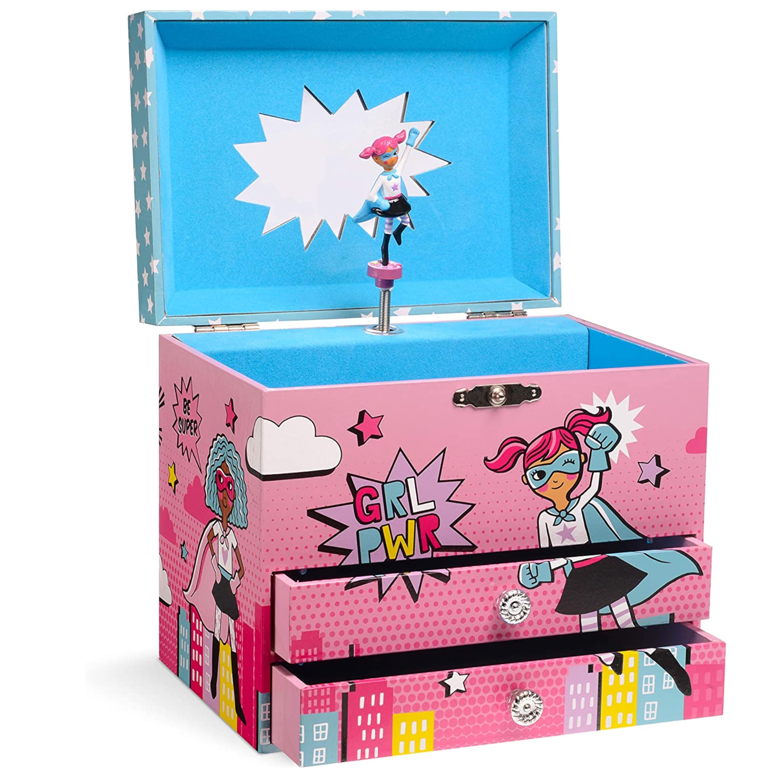 Jewelkeeper - Carillon Portagioie Musicale Design Girl Power Superhero con 2 Cassetti Estraibili - Melodia di Per Elisa