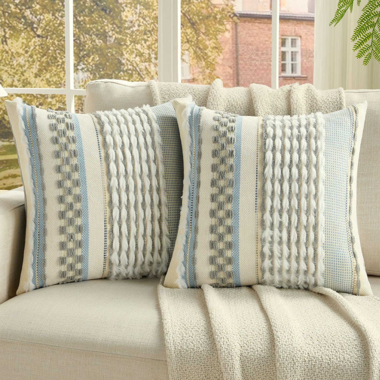 FUTEI Set of 2 Plush Chenille Tufted 45x45 cm Cushion Covers Soft Striped Textured Scatter Pillow Covers 45 x 45 cm Modern Boho Accent for Sofa Bedroom Living Room,Grey