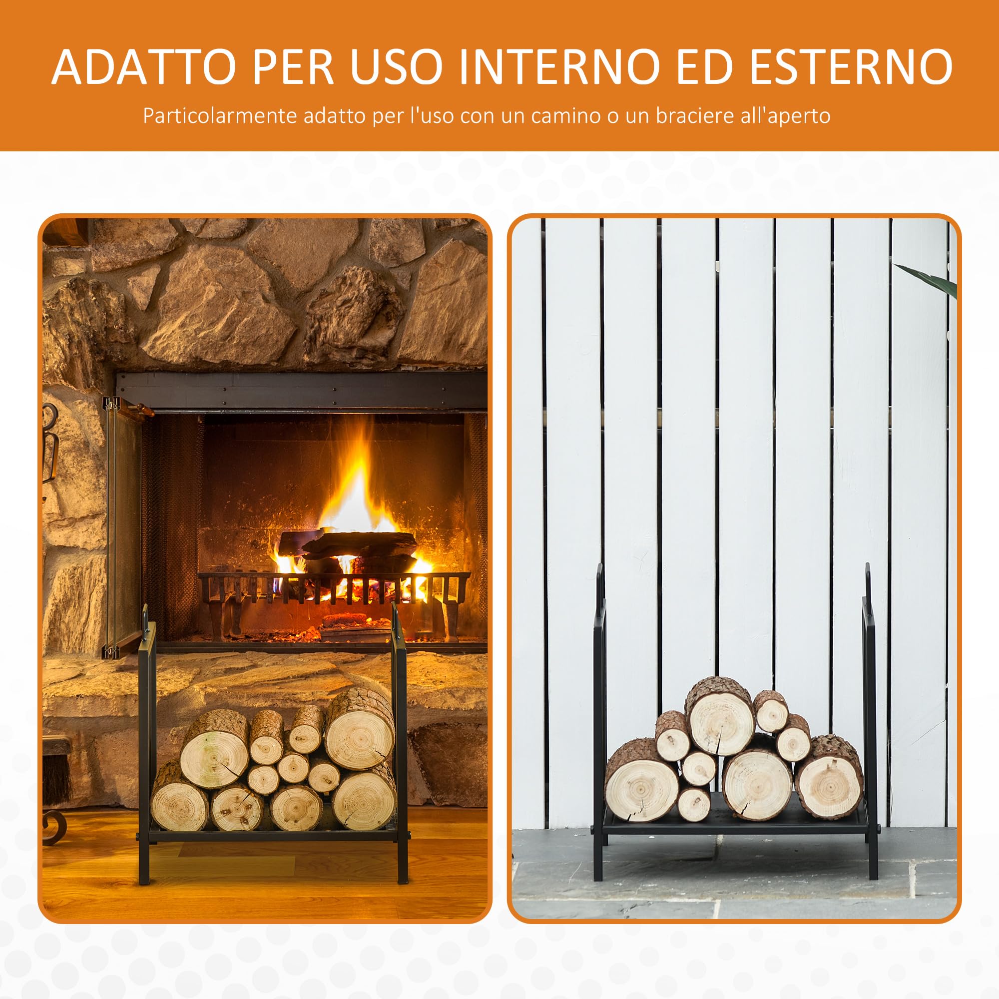 Outsunny Portalegna per Interno ed Esterno con 2 Maniglie, Portalegna per Camino in Metallo, 44.5x33x46.5 cm, Nero