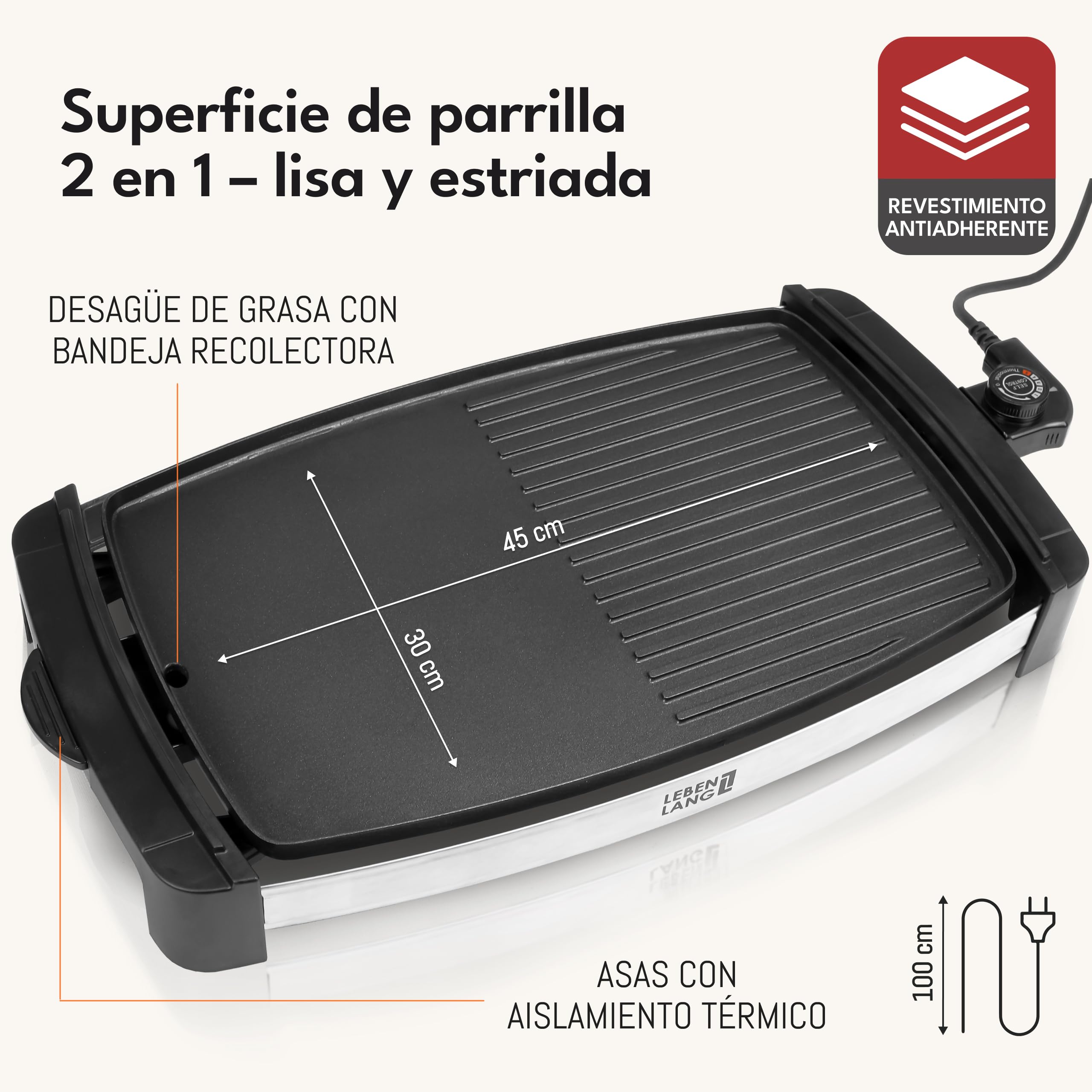 LEBENLANG Plancha cocina electrica 2000W - 45x30cm & Incl. Pinzas parrilla | Plancha electrica para cocinar XXL interior & exterior I Grelhador electrico Planchas de asar Grill eléctrica cocina