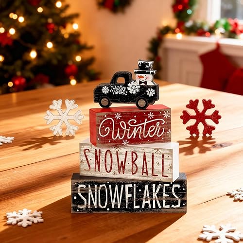 Miniatura 5 de Juego de 6 piezas de decoración de mesa de camión de muñeco de nieve de invierno, juego de decoración de bandeja escalonada de invierno con copos de