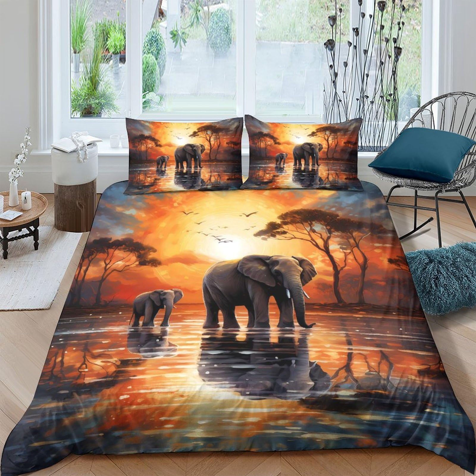 Ctjqhvkz Style-8 3D Printed Sunset Elephant Fitted Sheet Microfiber Soft Orange Landscape Bed Cover For Bedroom Dorm Mattress Decor Single（135X200cm）
