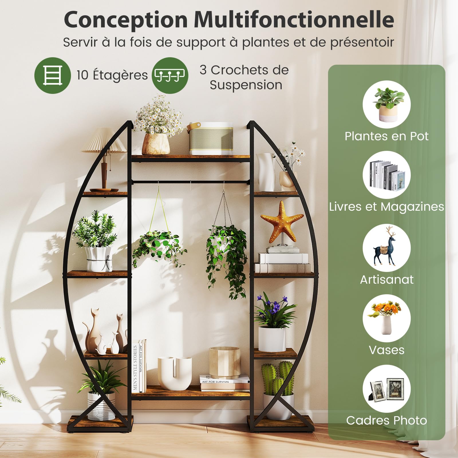 COSTWAY Support de Plante Métallique d'Angle à 10 Étagères Ouvertes, Étagère Fleur avec Lumières de Croissance, Support Pot de Fleurs pour Balcon Salon, 127 x 30 x 160 cm, Marron