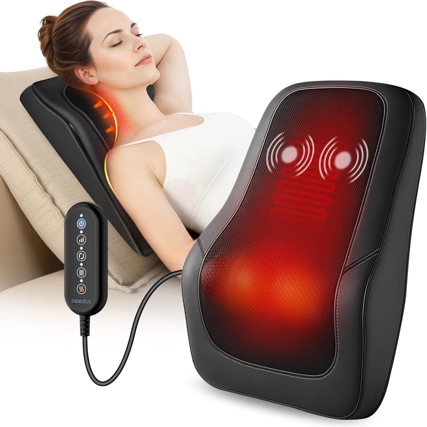 Beleduc Shiatsu Back Massager with Heat, Back Massager for Back Pain Deep Tissue, Vibration Massage, Deep Kneading Massager Pillow for Neck Shoulder, Black