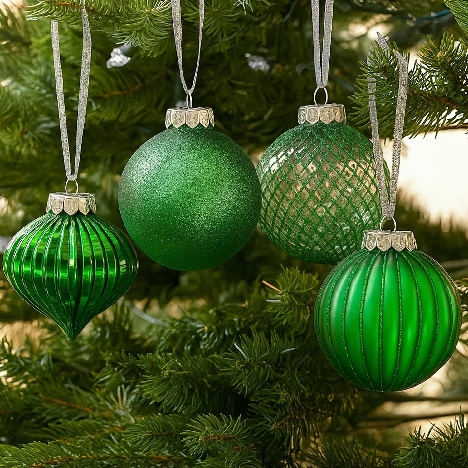 Sleetly Green 28Pk Bauble Ornaments For Christmas Tree Holiday Xmas Decorations, Shatterproof Plastic 3.15 Baubles, Icicles And Snowflakes