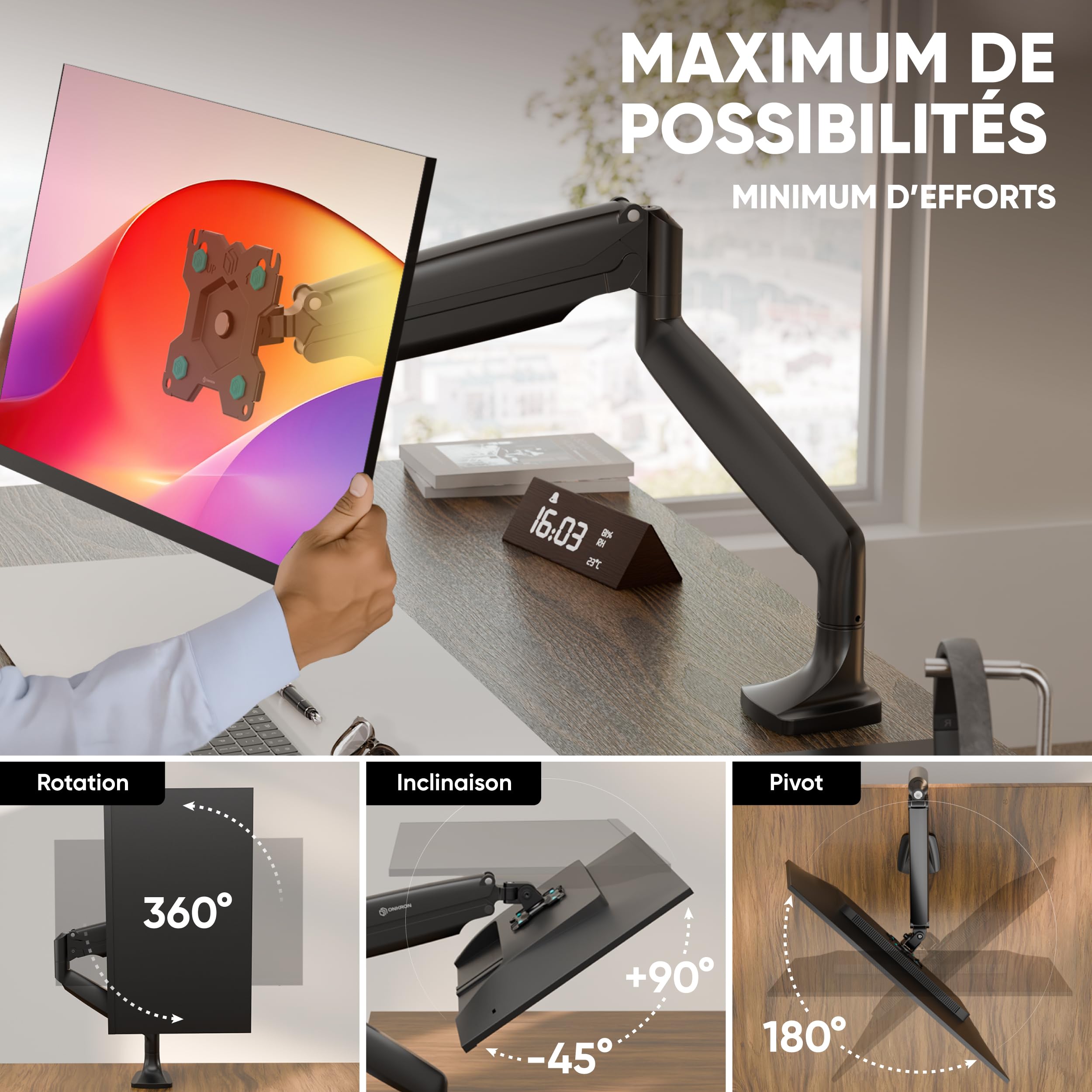 ONKRON Support Ecran PC pour 13-32 Pouces Charge 9 kg, Bras Articulé Écran VESA 75x75 & VESA 100x100, Support Écran Rotatif, Bras Ecran PC Bureau Ressort à Gaz, Monitor Arm Orientable Noir G100-B