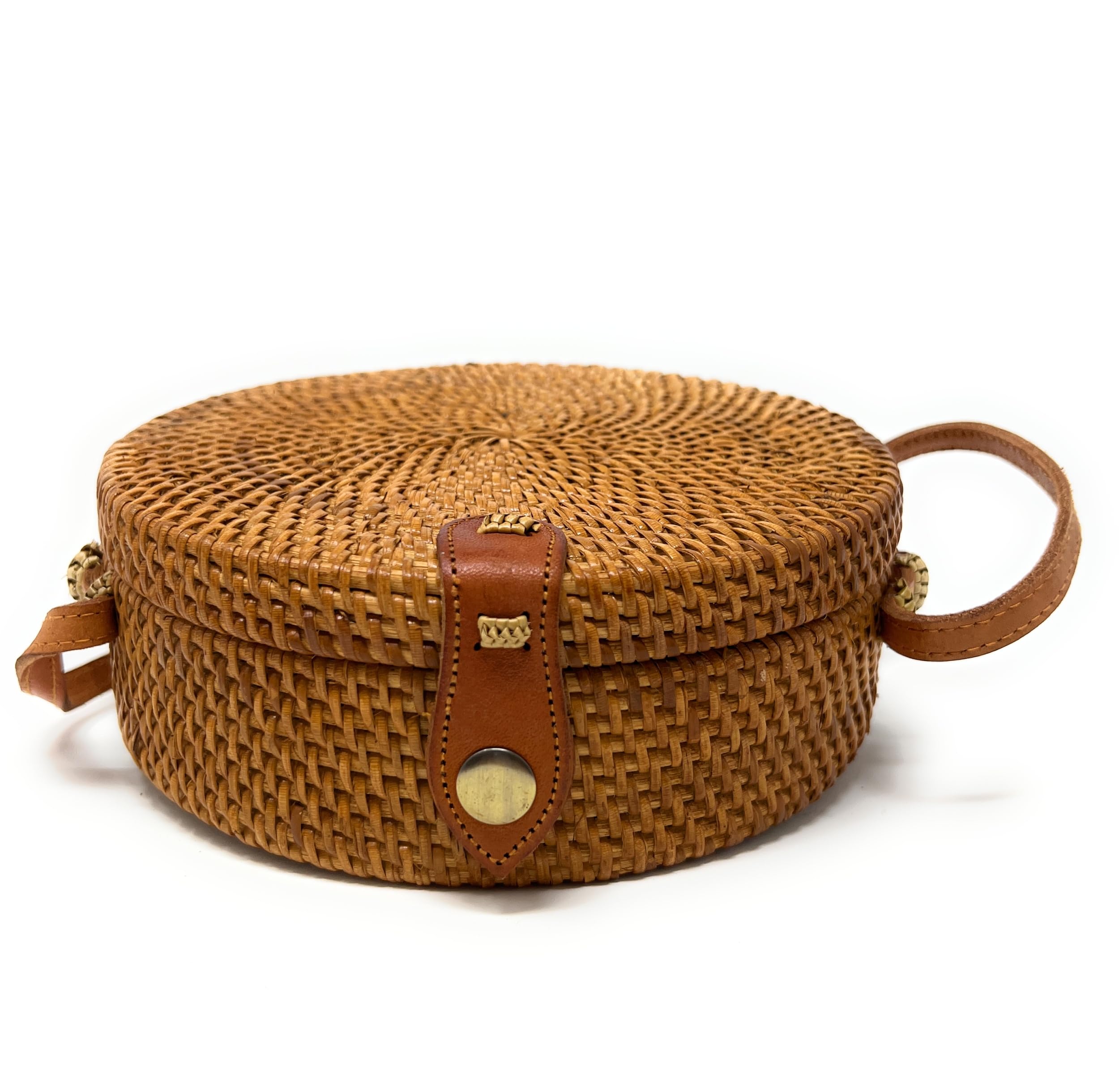 Bolsa de mimbre redonda marrón con correa de piel larga trenzada para mujer, bolso de paja, bolso cruzado, 20 cm, marrón