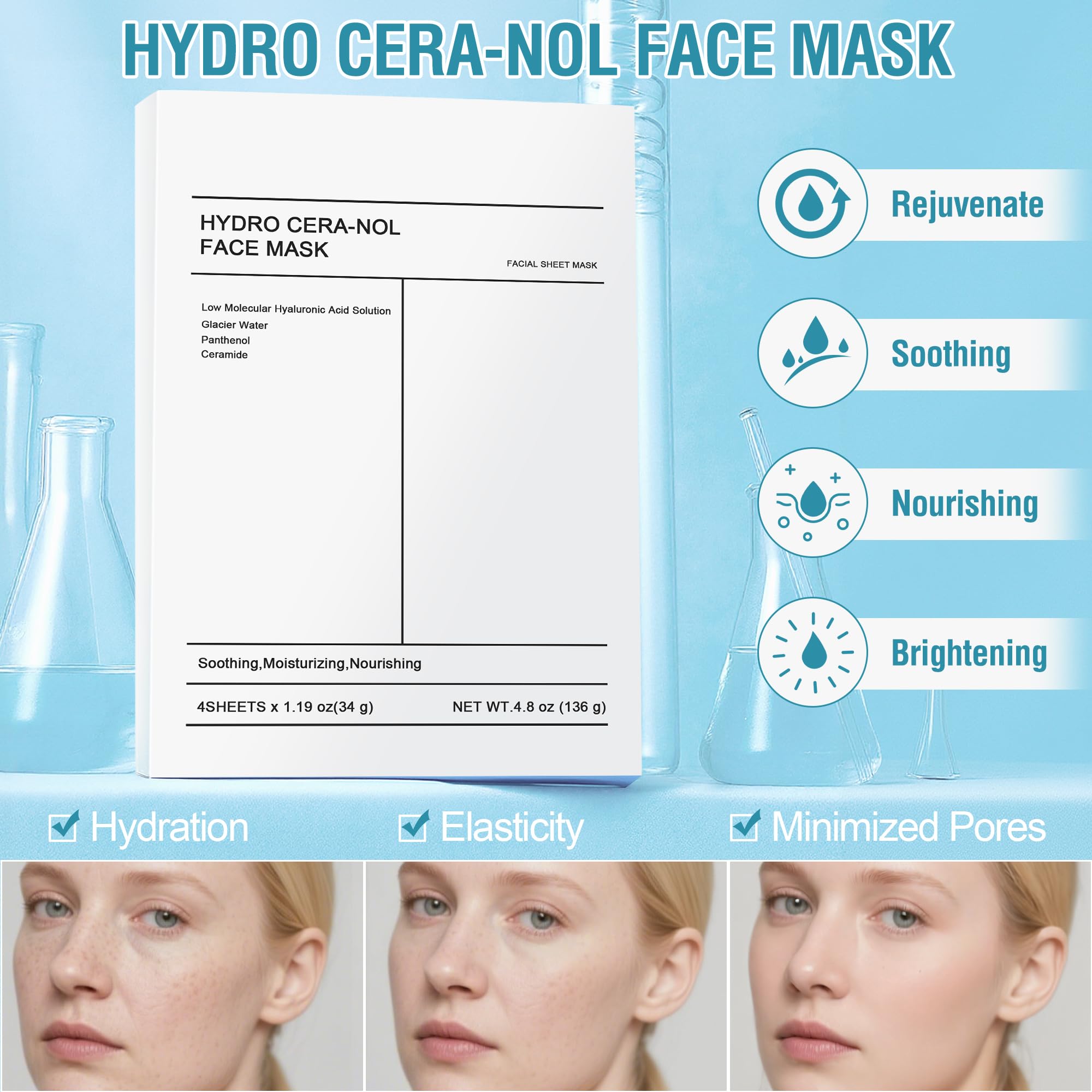 HYDRO CERA-NOL Face Mask, Real Deep Hyaluronic Acid Hydrating Sheet Masks, Nourishing, Brightening and Smoothing Skin - Image 2