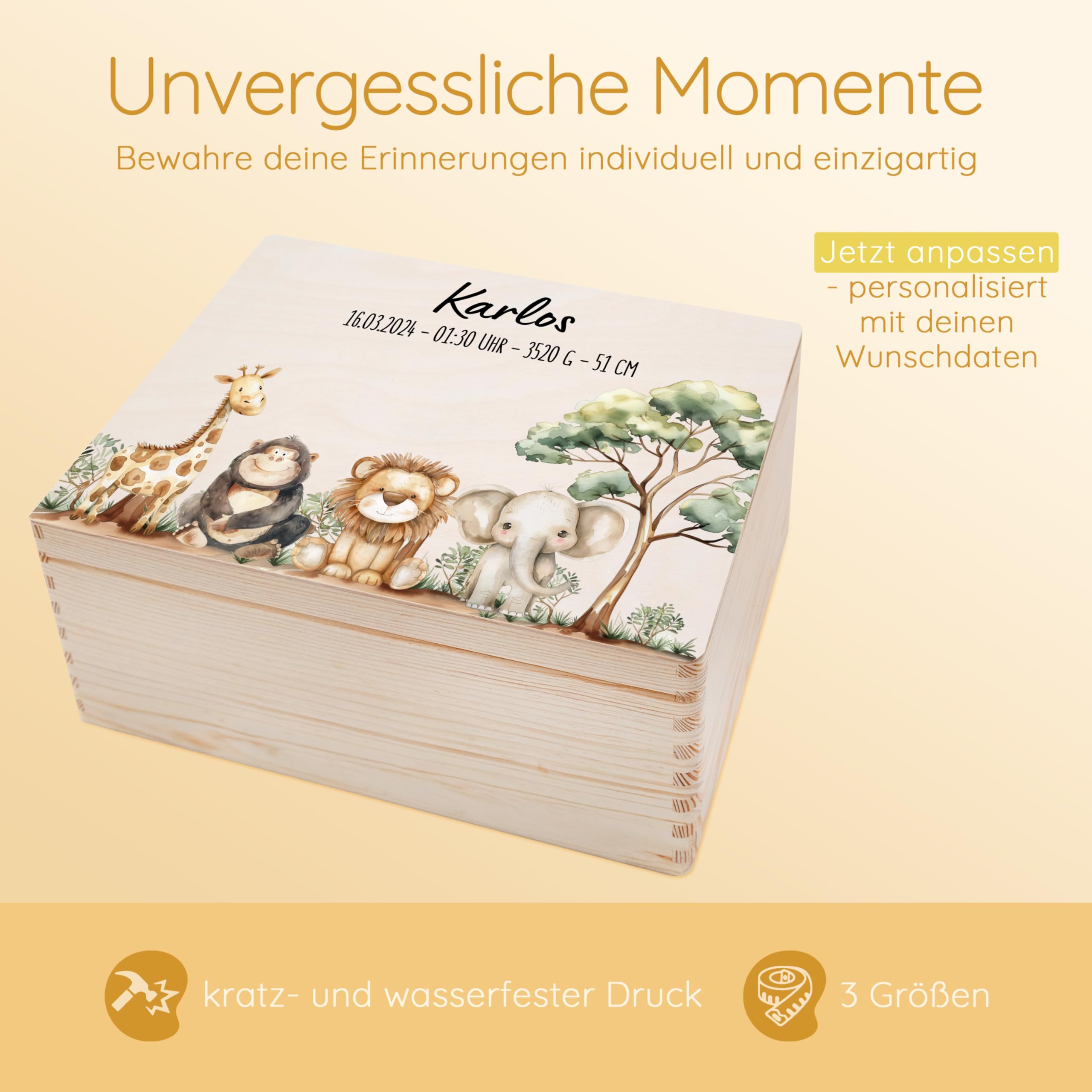Bärenfreunde - Personalisierte Erinnerungsbox Baby mit Spezial-Druck - Individuelle Baby Erinnerungsbox - Erinnerungskiste aus Holz - Geschenk zur Geburt (S | Klappdeckel,Safari Tiere)