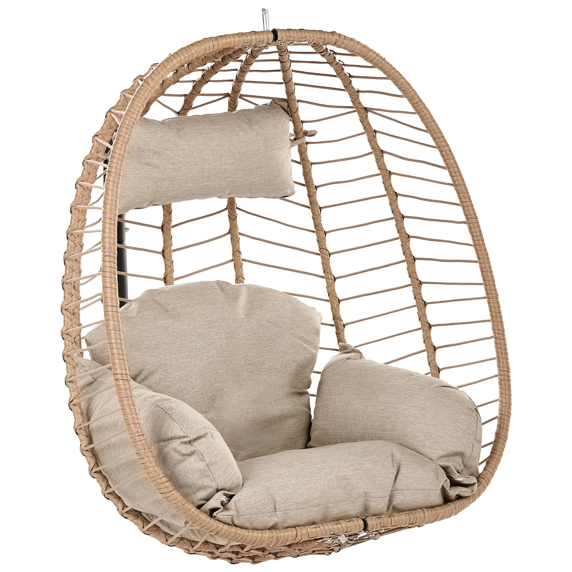Sillón Colgante Columpio Estilo Boho de ratán sintético Soporte de Metal Cadena con cojín Mullido Natural Montalcino