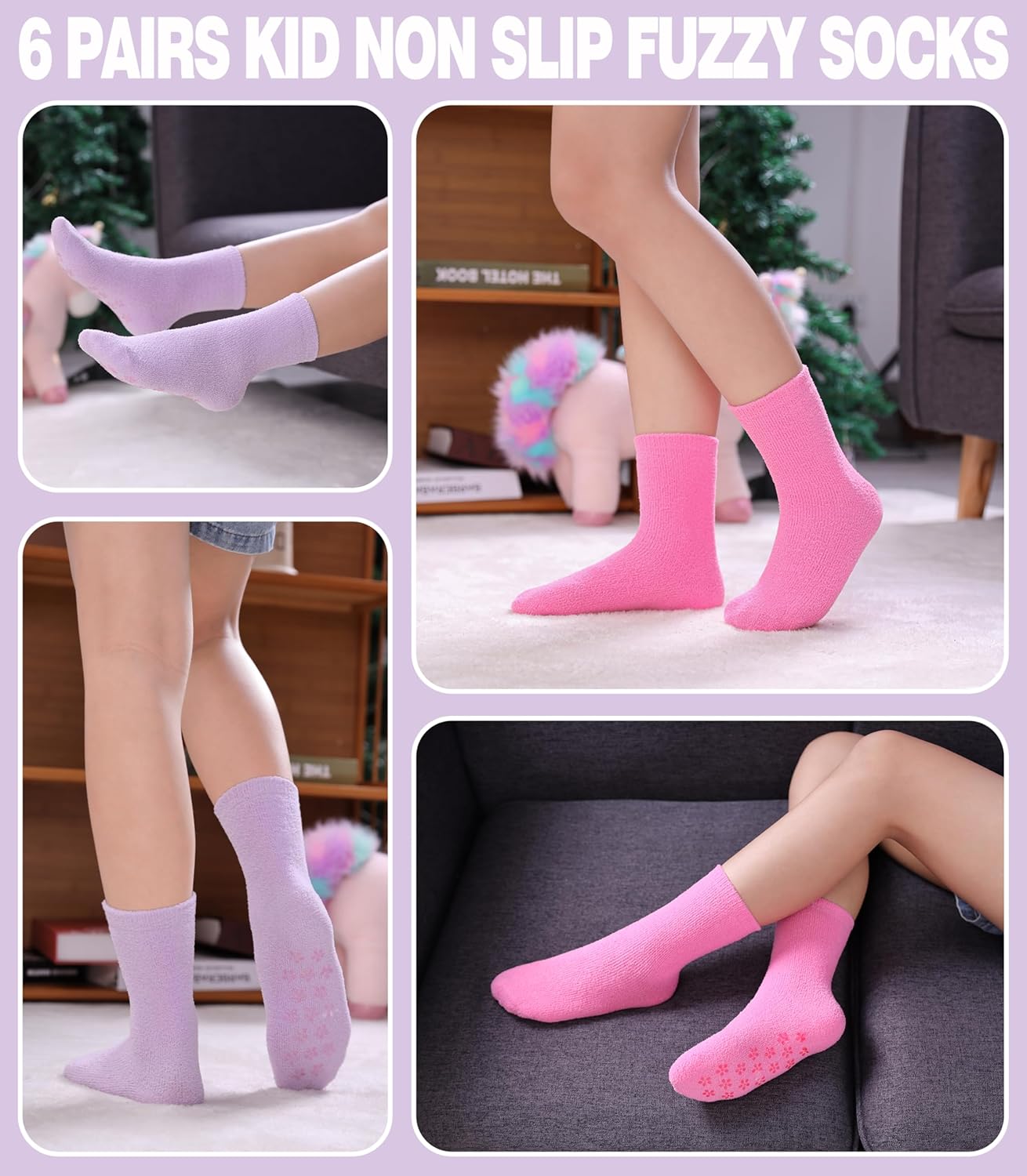 MQELONG Kids Non Slip Fuzzy Socks Girls with Grips Slipper Socks Cozy Fluffy Winter Warm Crew Gift Socks 6 Pack - Image 4